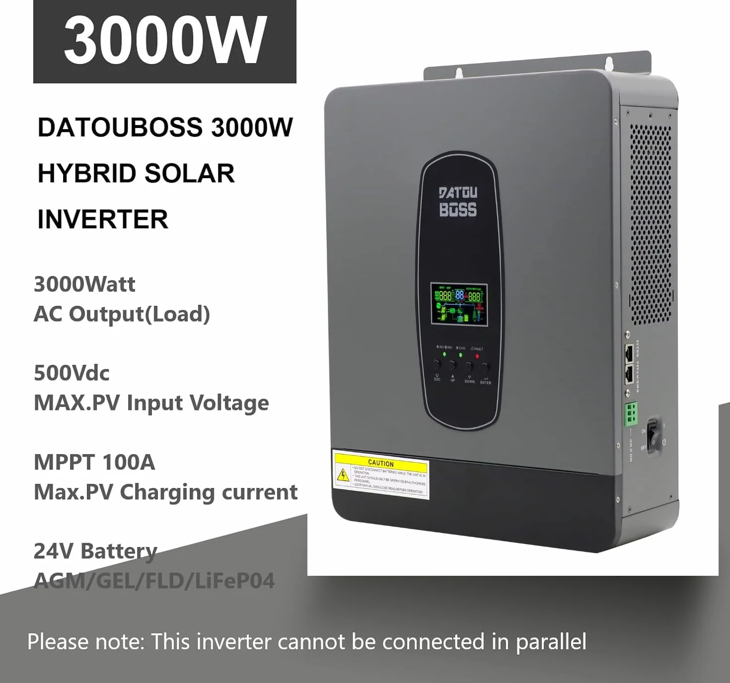 DATOUBOSS 3000W Pure Sine inversor híbrido 24V DC a 230V AC con 80A MPPT Controlador de Carga Solar para Plomo-ácido y baterías de Litio