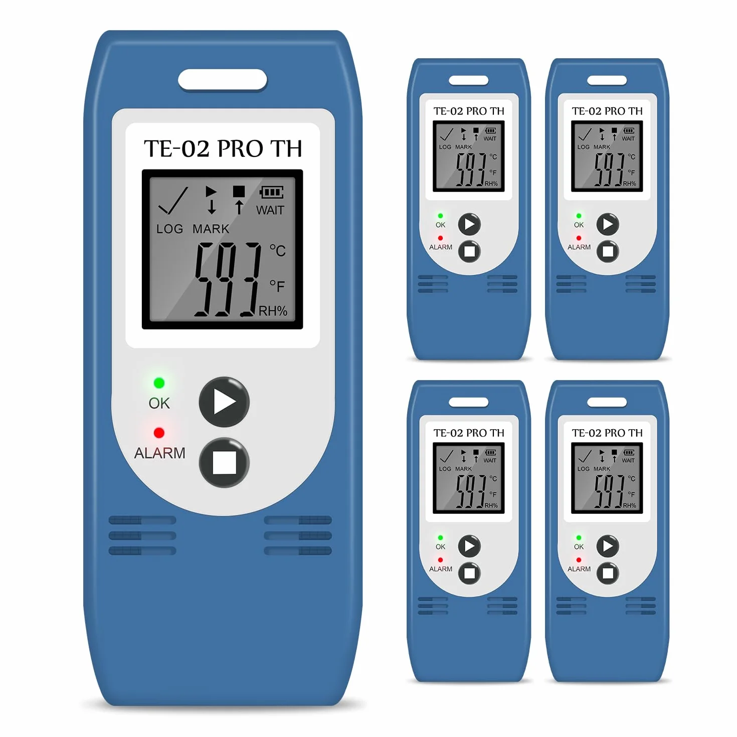 ThermElc TE-02 Pro TH Registrador de datos de temperatura y humedad, informes PDF/CSV generados automáticamente, registrador de datos para almacenamiento médico, alarma visual de temperatura(5 PCS)