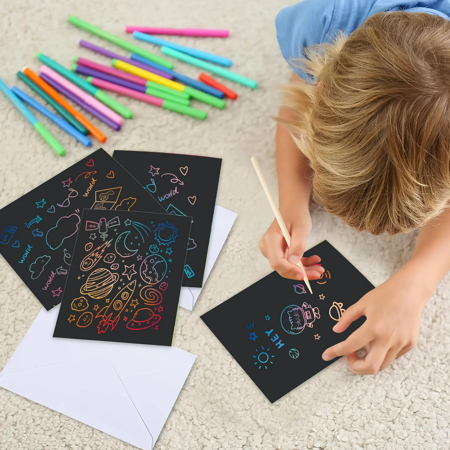 Rainbow Scratch Paper para niños – 50 hojas, 5 lápices, 4 plantillas, kit de dibujo DIY