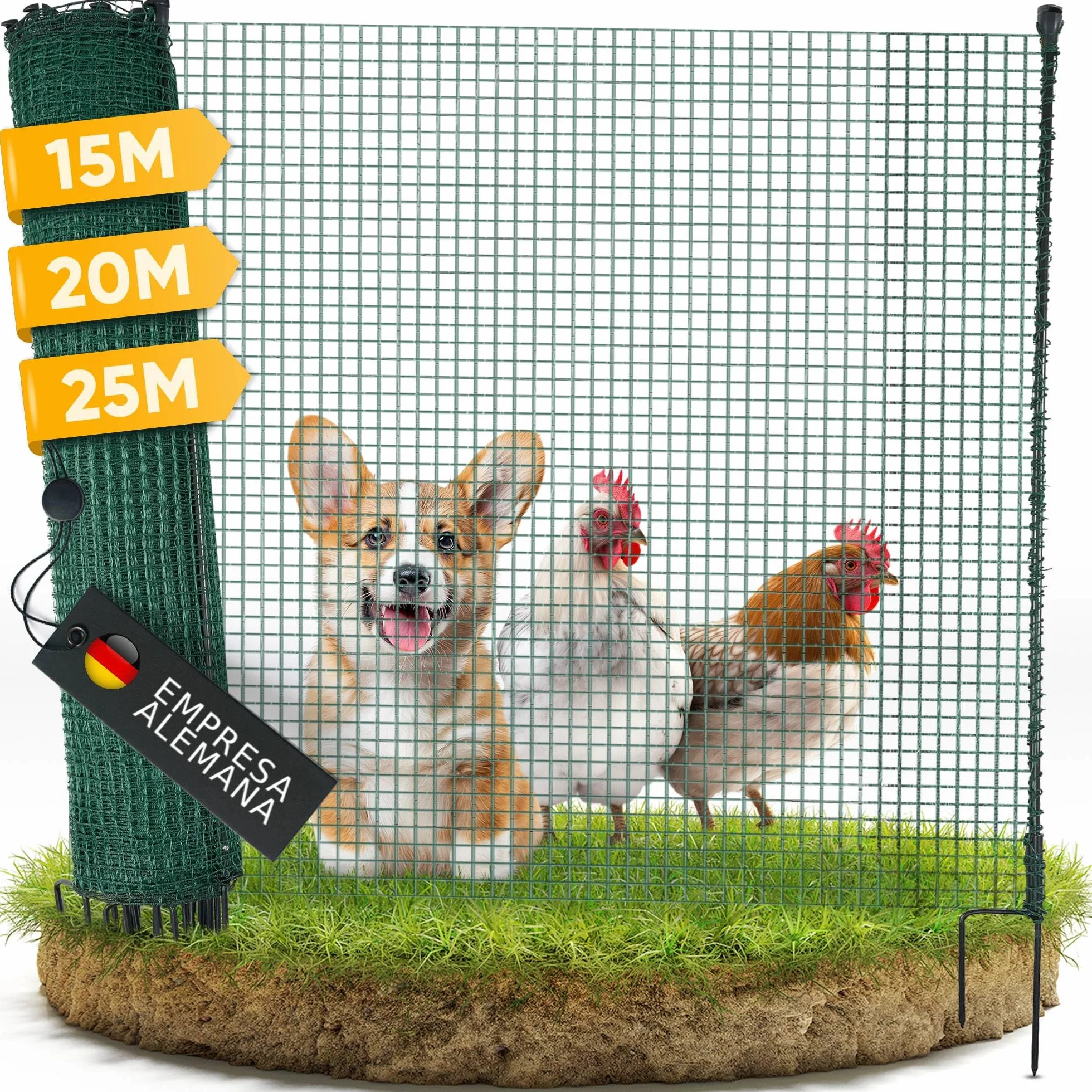 NATURIZ® Valla de perros y pollos en 15m / 20m / 25m x 90cm - malla plastico jardin, Extremadamente Estable, Sin Electricidad, Verde (25m)