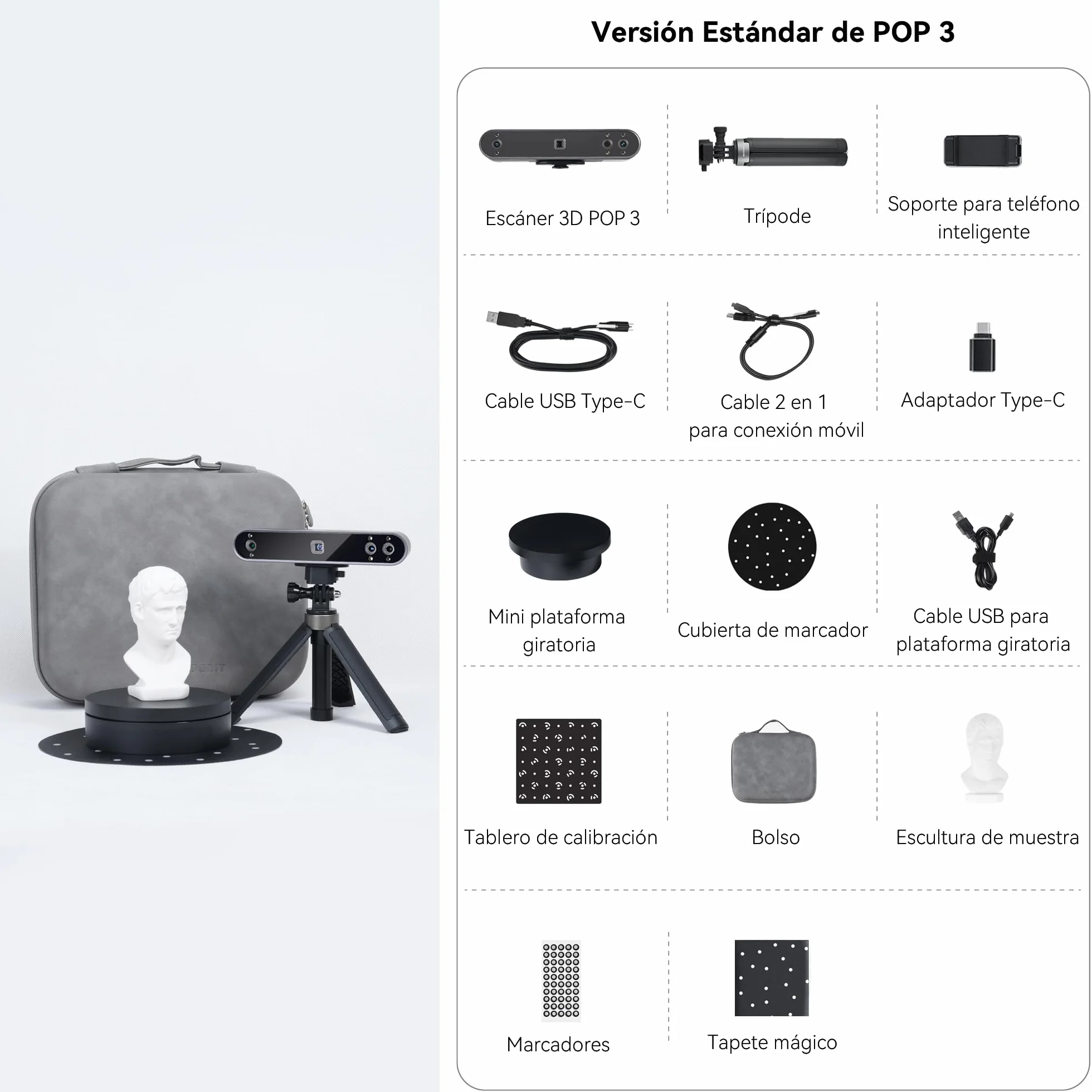 Revopoint POP 3 Escáner 3D portátil para impresora 3D, datos de color, precisión de 0,05 mm y velocidad de escaneado de hasta 18 FPS, compatible con móviles y portátiles, actualización 2023-Estándar