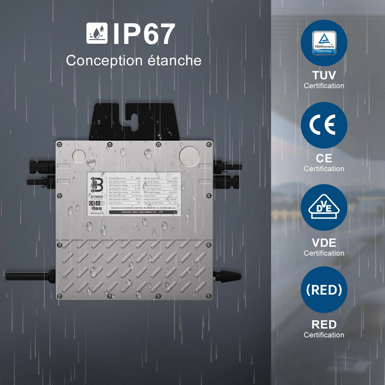 BENY Microinversor 800W- Inversor de conexión a Red con WLAN, Control App- Inversor de 800W a 600W Ajustable- IP67 Resistente al Agua- Cable de conexión de 5M de Largo- Plug and Play