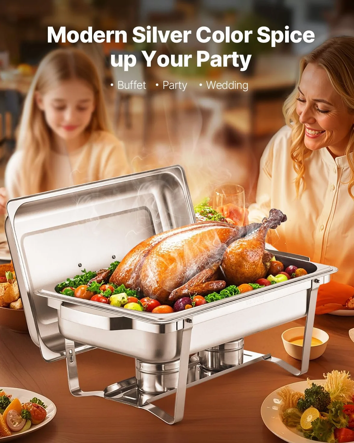 VEVOR Calentador de Alimentos para Bufé(7,5 L), con 2 Sartenes de Tamaño Completo, Dispensador de Calor Rectangular para Catering con Tapa y Soporte para Combustible, para Bodas, Plata, 2 uds