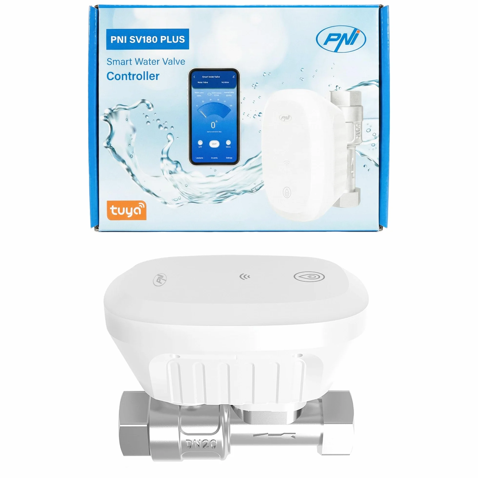 Válvula de agua inteligente PNI SV180 PLUS, Wi-Fi, IP65, DN20 3/4, controlable desde Tuya Smart, Amazon Alexa y Google Home, mide el consumo de agua.