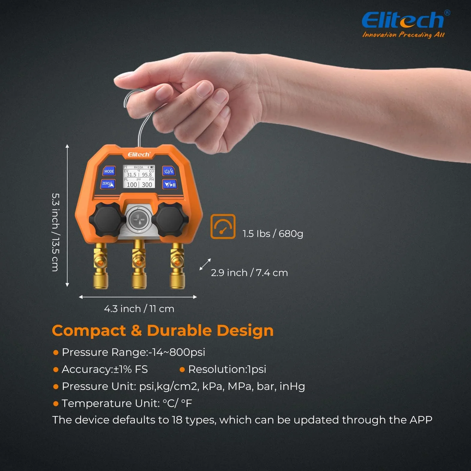 Elitech Manometros Aire Acondicionado,Digital De Refrigerante Medidor De Presión De SMART, Manómetro De Múltiples HAVC, Terminador De Manómetro Analógico DMG-4B