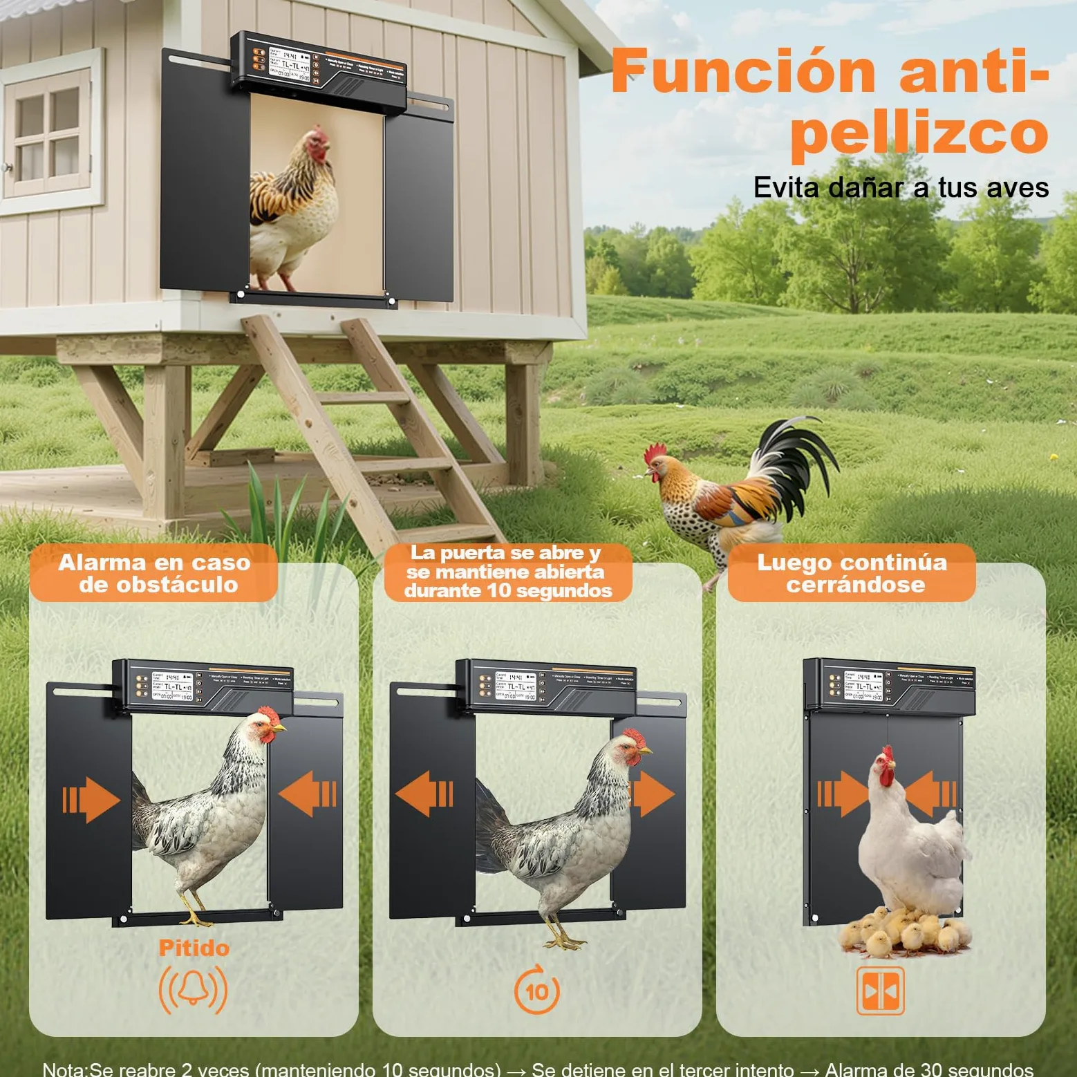 Puerta Automática Grande para Gallinero con Panel Solar de 7W, Puerta Gallinero de Aleación de Aluminio con 4 Modos, Temporizador y Sensor de Luz, Pantalla LCD de Gran Tamaño, con Mando a Distancia