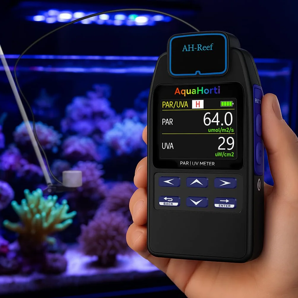 AH-Reef Medidor de PAR, Prueba de PPFD y UVA en W/m², Sensor Impermeable, Muestra porcentajes de R, G, B en la iluminación acuática. Registra Distribución de PAR y UVA