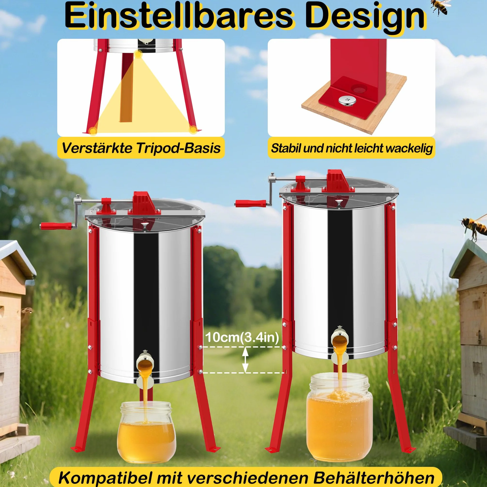 FIVMEN Extractor de miel manual de 4 panales de acero inoxidable, extractor de miel con alimentación tangencial con tapa, accionamiento manual y patas ajustables, accesorios universales para