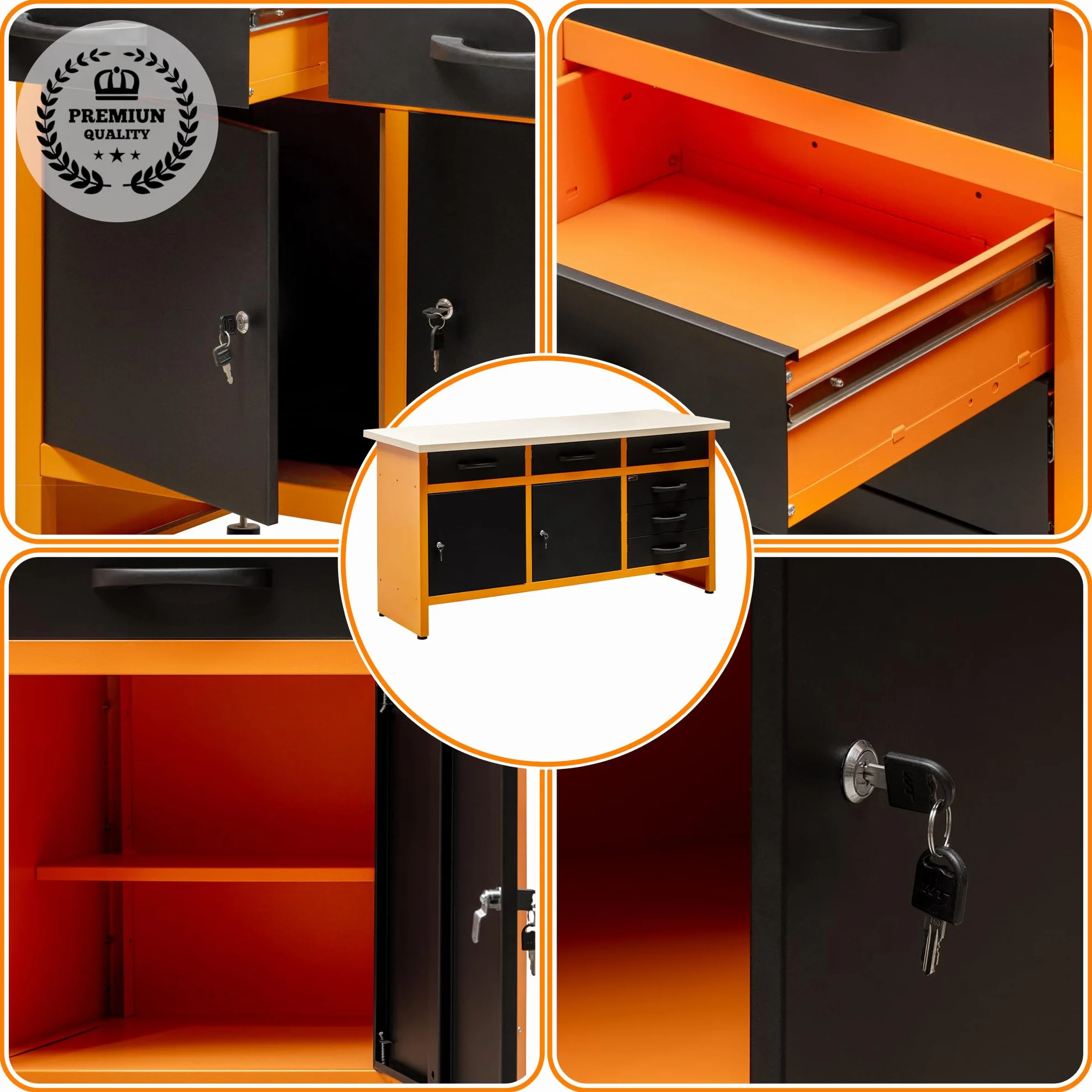 METALLMOBELL - Banco de Trabajo Profesional | 160x60x84cm, Cajones y Armario con Llave, Mesa de Trabajo Taller, Banco de Trabajo Taller, Mesa Trabajo, Banco de Carpintero, Banco Herramientas -MB010N-N