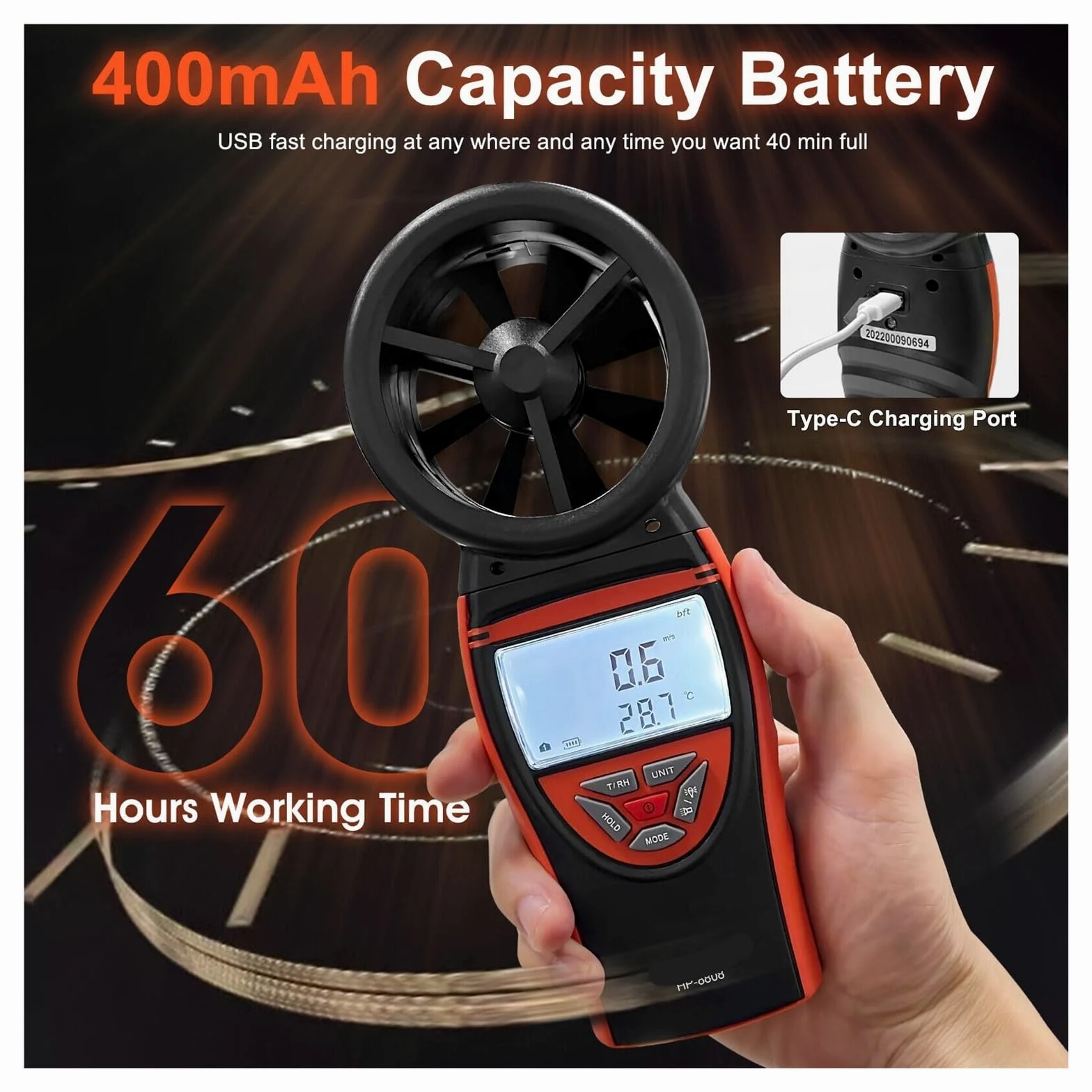 Anemómetro anemómetro, alta precisión, tacómetro profesional, RPM Digital, medidor de velocidad del aire, recargable