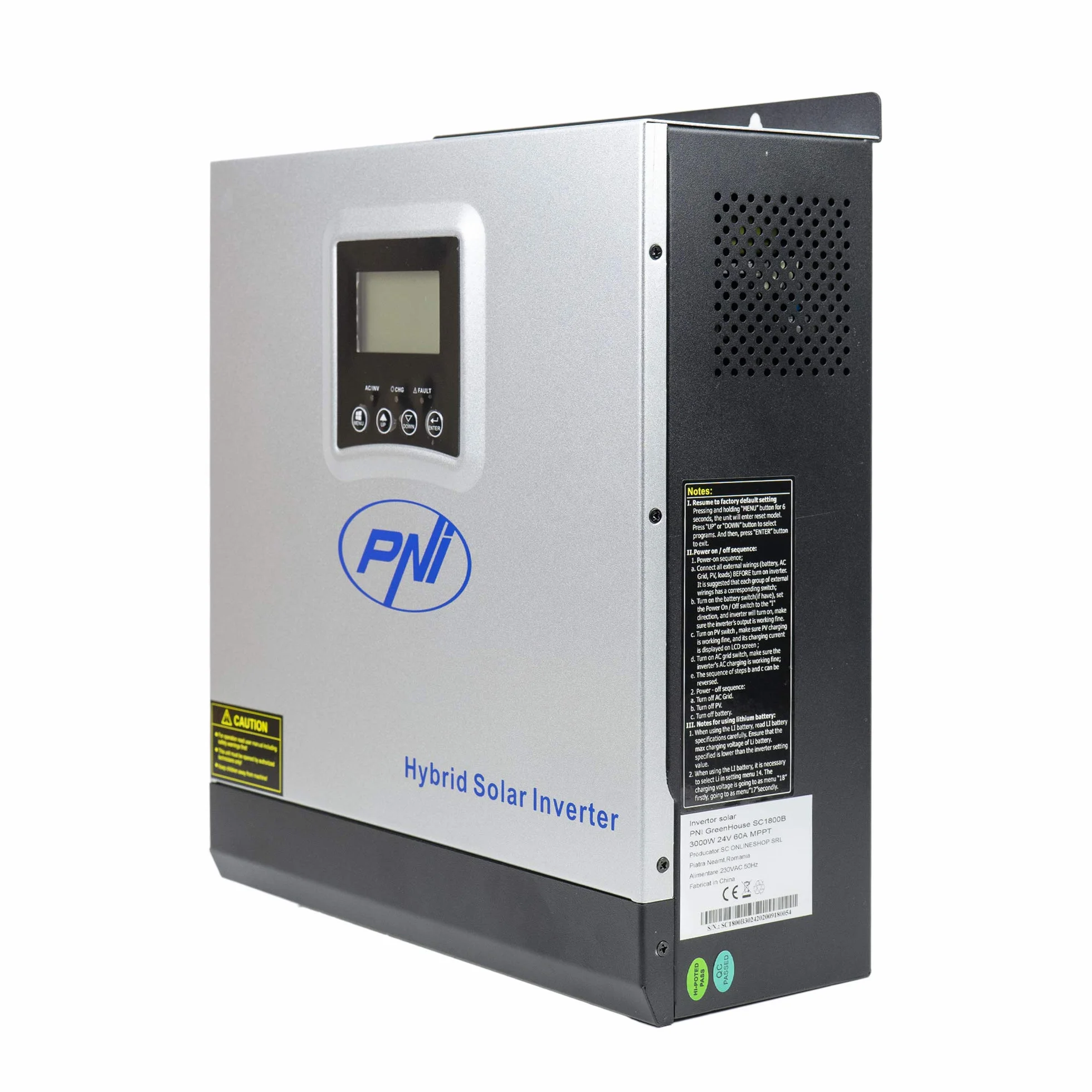 Inversor solar PNI GreenHouse SC1800B 3KW 24V 60A MPPT Off Grid Hybrid Sinus Pure