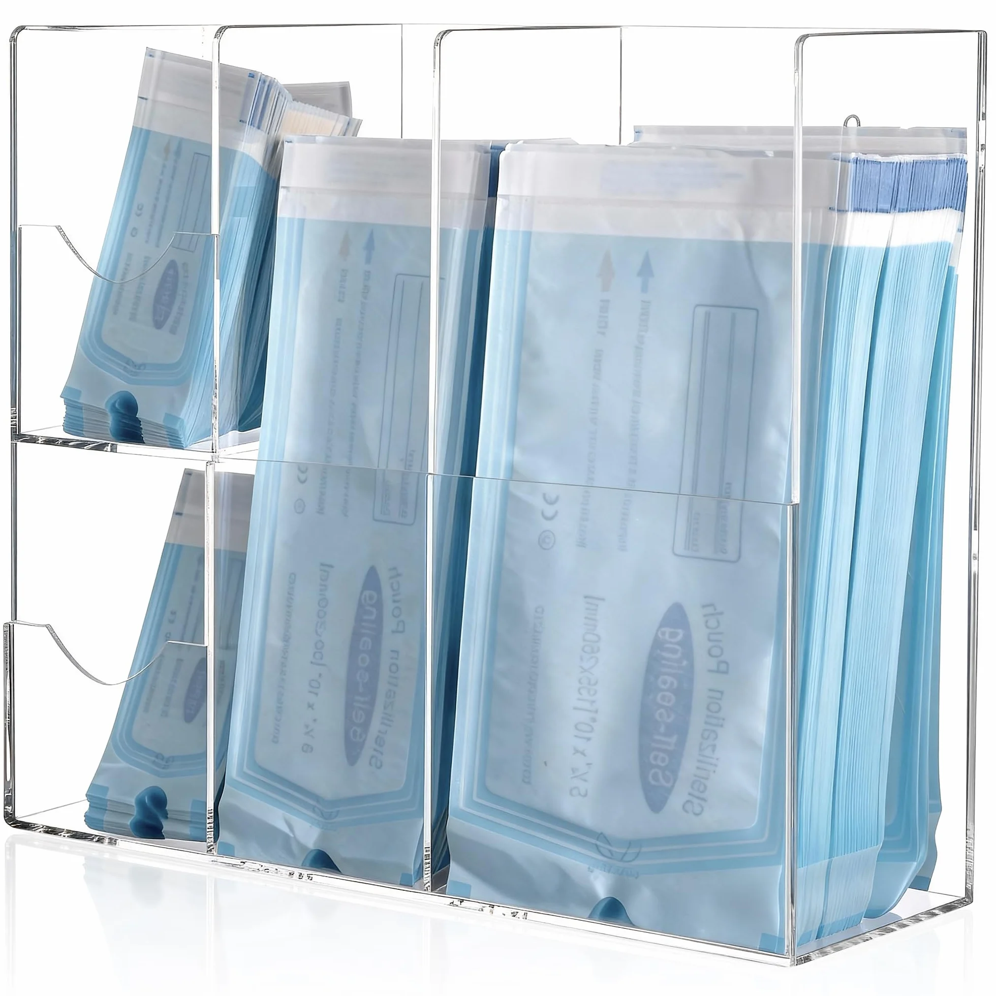 Bolsas de esterilización acrílicas, 4 compartimentos, para autoclave, organizador de bolsas para clínicas dentales, veterinarios y salones de uñas, transparente, 34,8 x 11,5 x 30 cm
