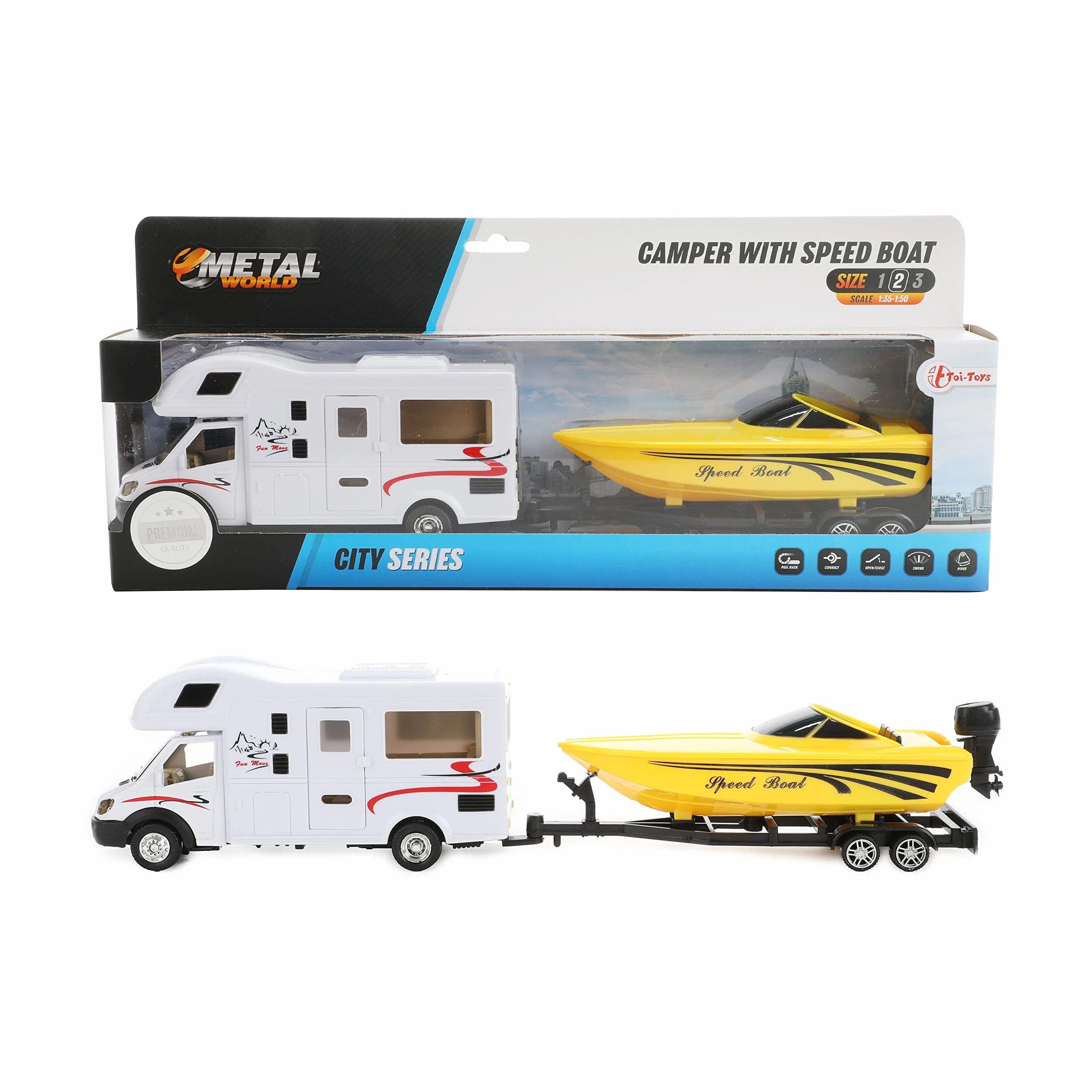Toi-Toys Camper con Remolque de Barco - Coche de Juguete - Caravana & Barco de Carreras - Motor de Retirada - Modelo Coche a Partir de 3 años