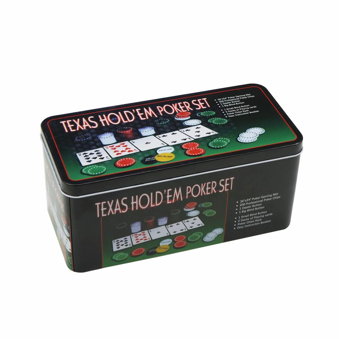 Set de Póker Profesional 200 Fichas, 2 Barajas, Botón Dealer, Tapete, Caja Metálica para Texas Holdem