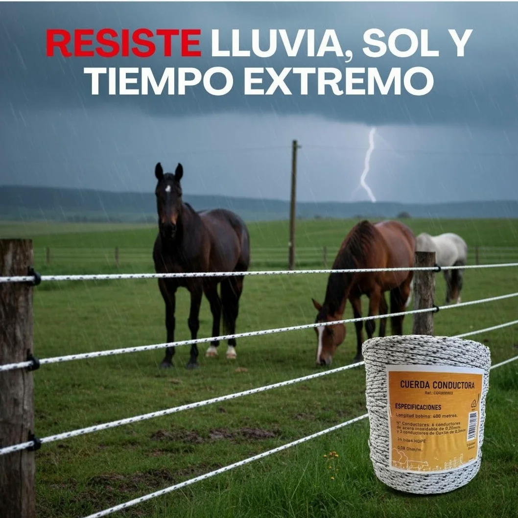 Llampec Cuerda Pastor Eléctrico, 400m x 4mm, 6+3 Conductores Acero Inoxidable y Cobre, Alta Conductividad, Resistente UV, para Cercas de Caballos, Vacas y Perros, Bobina Profesional