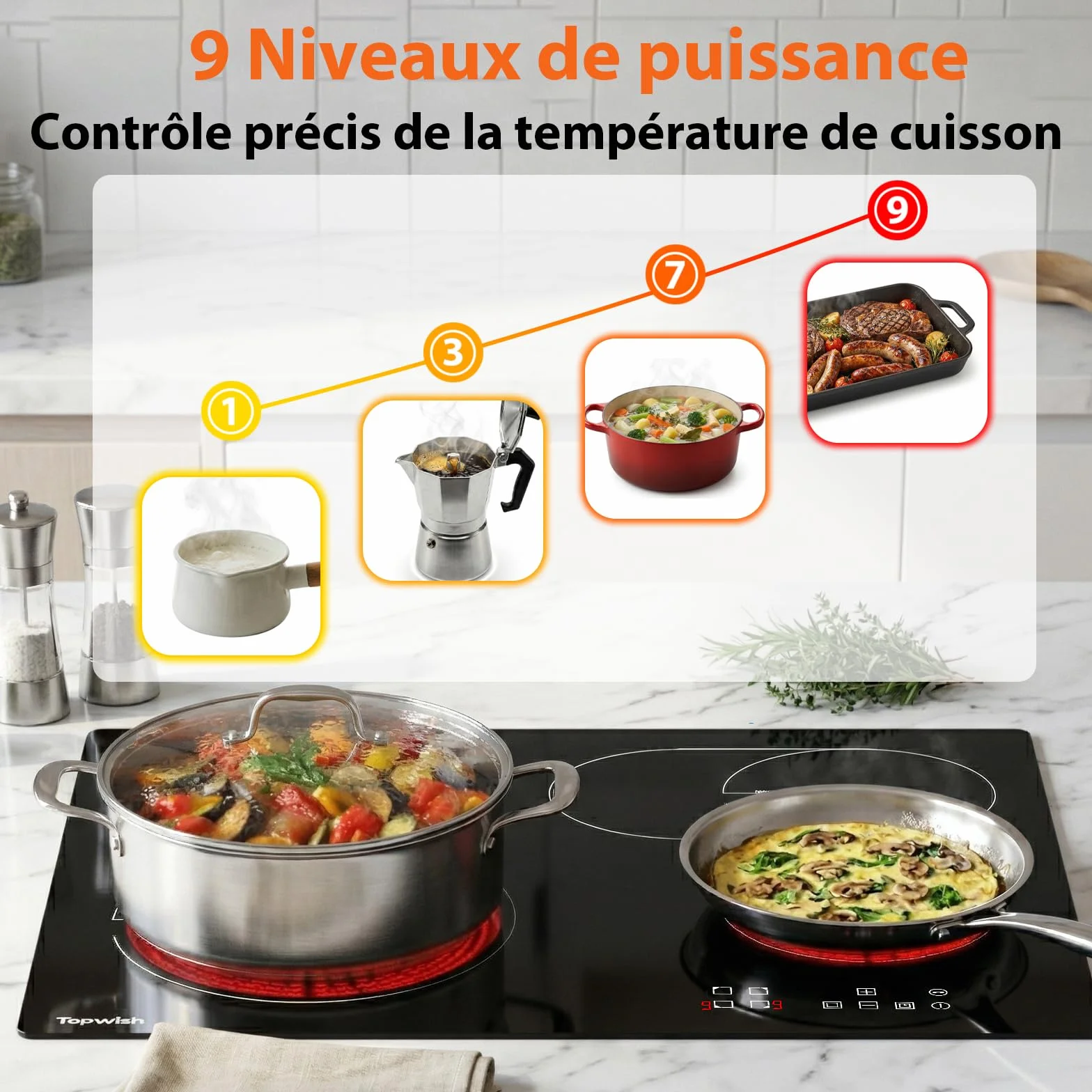 Topwish placa vitrocerámica 4 fuegos 60cm 6600W encastrable con zonas dobles y ovaladas