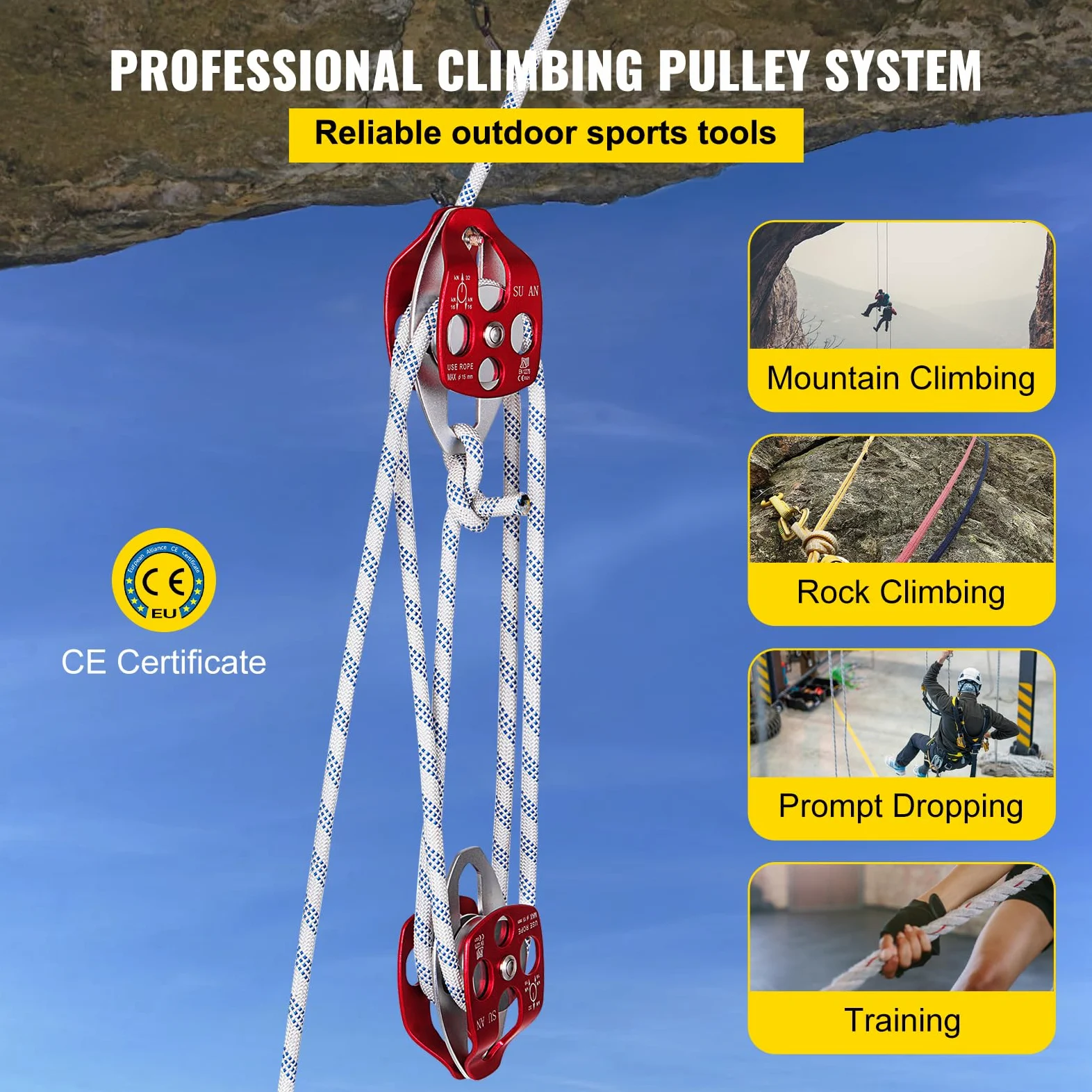 VEVOR Bloque de Doble Polea con Cuerda Trenzada 12mm x 61m Sistema de Escalada de Doble Polea Longitud de Rotura 7700 libras 35 kN Alta Resistencia para Uso Interior y Exterior Deportes Aficionados