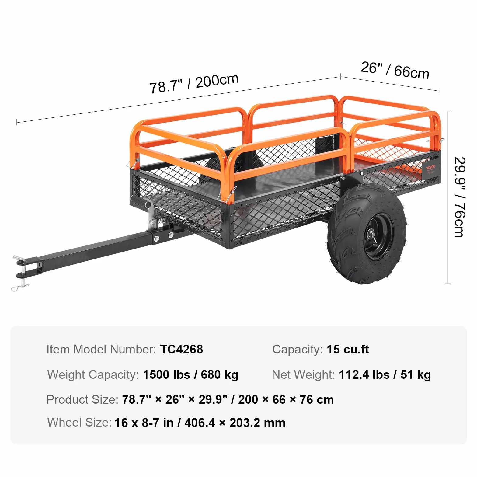 VEVOR Remolque Volquete Capacidad de Carga de 680kg Remolque Utilitario de Jardín Resistente con Laterales Extraíbles Carro de Transporte Volquete de 0,4m³ para Tractor, Cortacésped, ATV, 200x66x76 cm