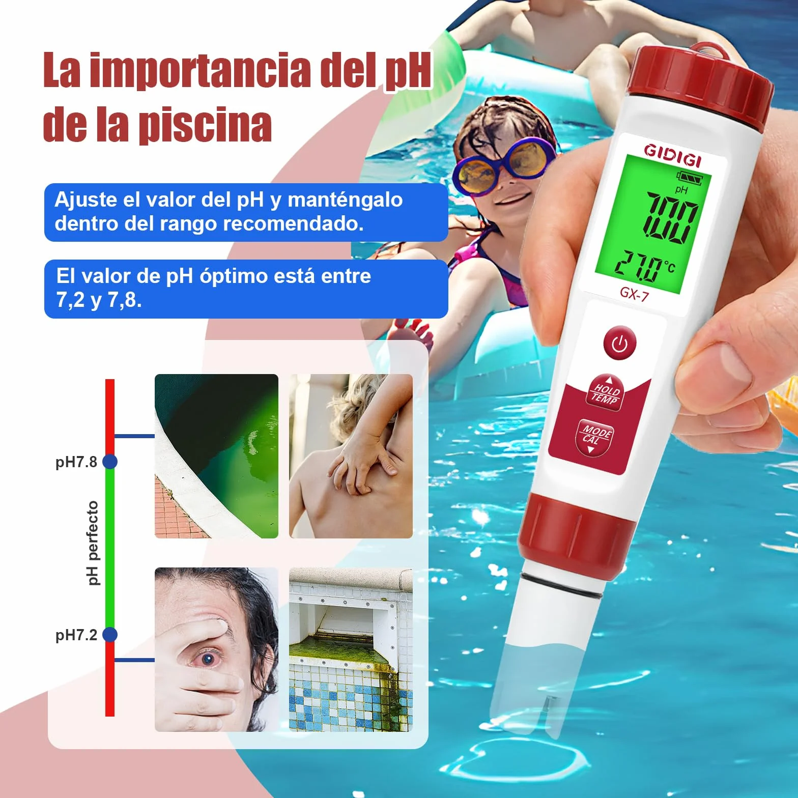 Medidor de Cloro y pH Digital 7 en 1, Comprobador de Piscina, ORP Cloro Sal EC PPM TDS