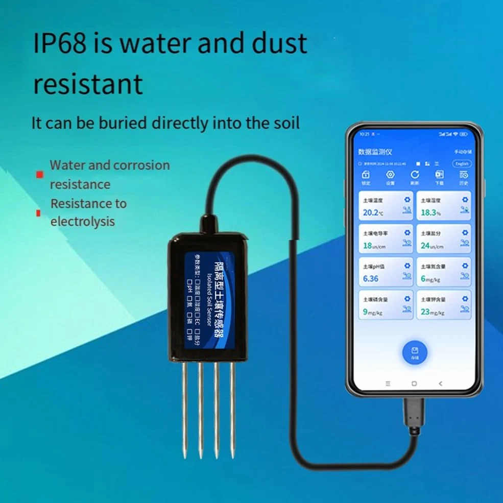 Sensor de suelo aislado, temperatura, humedad, nitrógeno, fósforo, potasio, valor de pH, detector de sal RS485