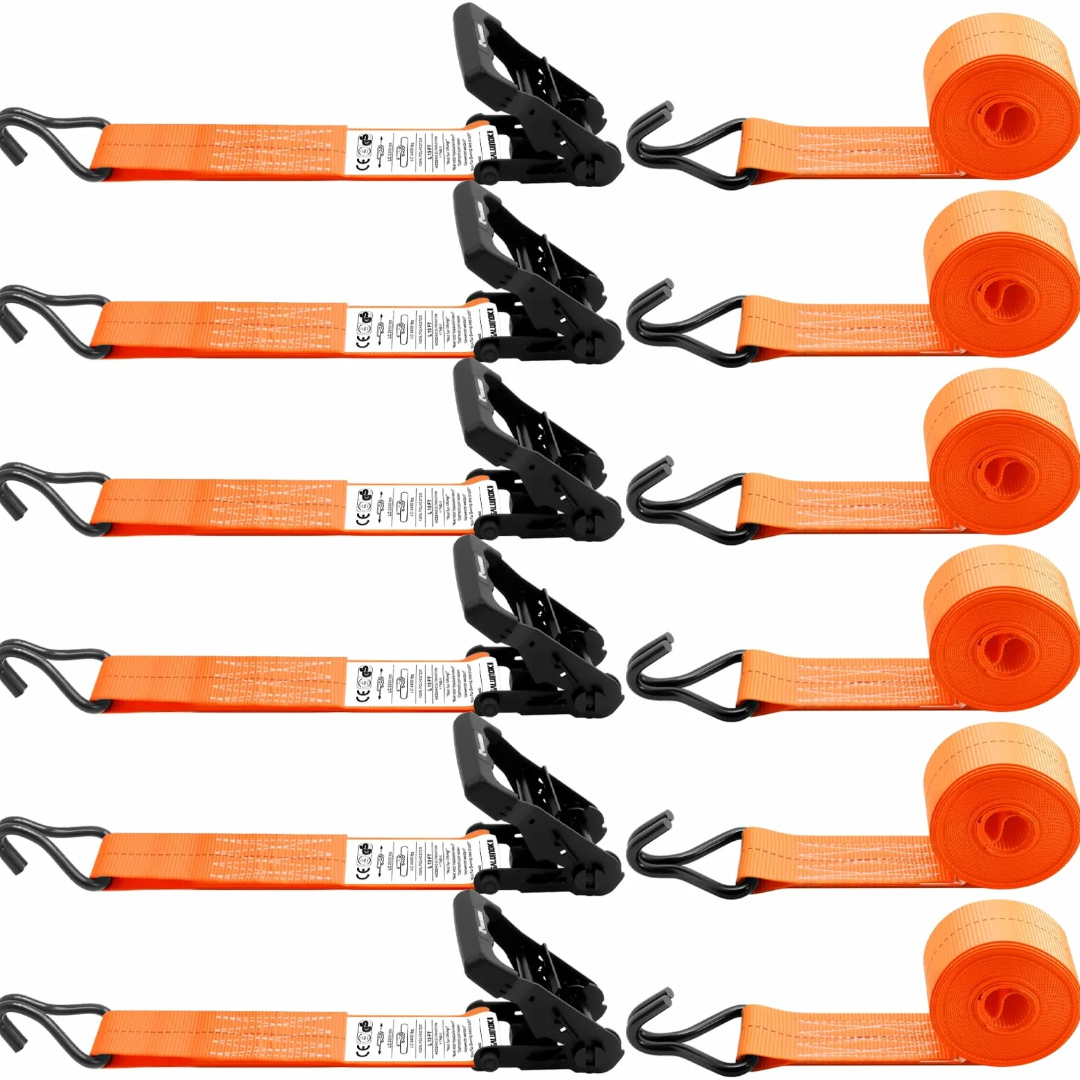 Paquete de 6 correas de trinquete de 2 pulgadas, gancho en J resistente, 2 pulgadas x 15 pies con trinquete fuerte, correa de amarre de carga de carga de 2200 libras, carga de trabajo para