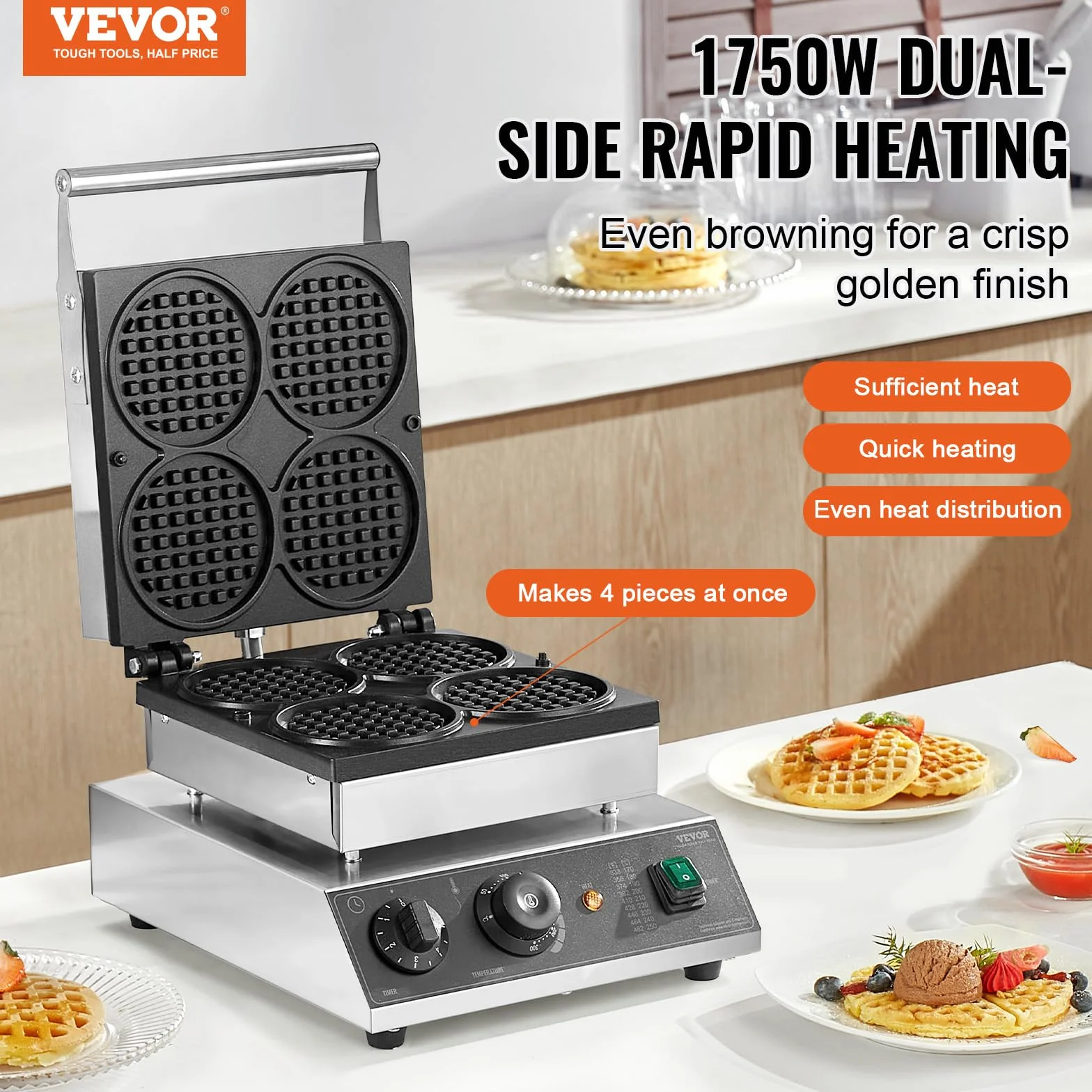 VEVOR Máquina para Hacer Gofres Comerciales, 4 Piezas, Acero Inoxidable Antiadherente de 1750 W con Control de Temperatura y Tiempo, para Restaurantes, Panaderías, Bares y Familias, 300 x 405 x 245 mm