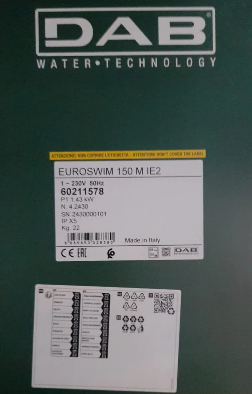 DAB EUROSWIM 150 M 1,5 HP Bomba de Agua Electrobomba para piscinas monofásica centrífuga autocebante silenciosa doméstica y residencial líquidos agresivos granjas de peces agricultura e industria.