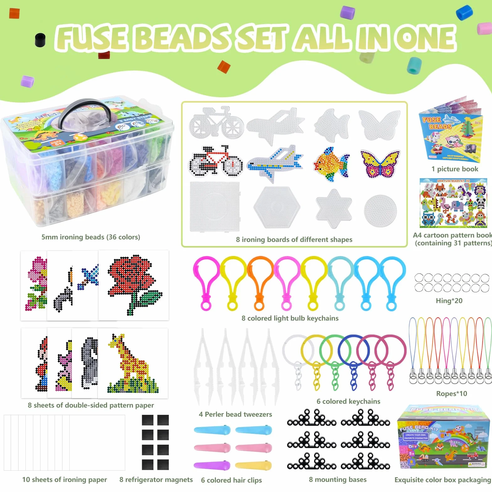 Juego de 18000 cuentas para planchar de 5 mm, 38 colores, con 98 accesorios, 8 planchas, 8 imanes, regalo para niñas