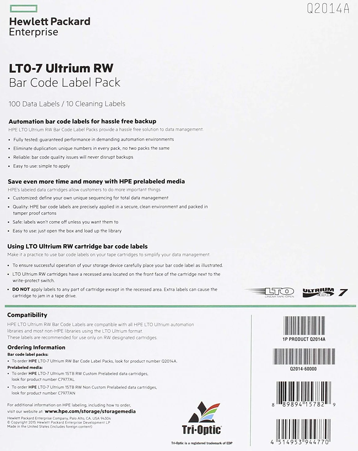 HP - Enterprise e RW Bar Code Label Pack – Etiquetas de códigos, q2014 a
