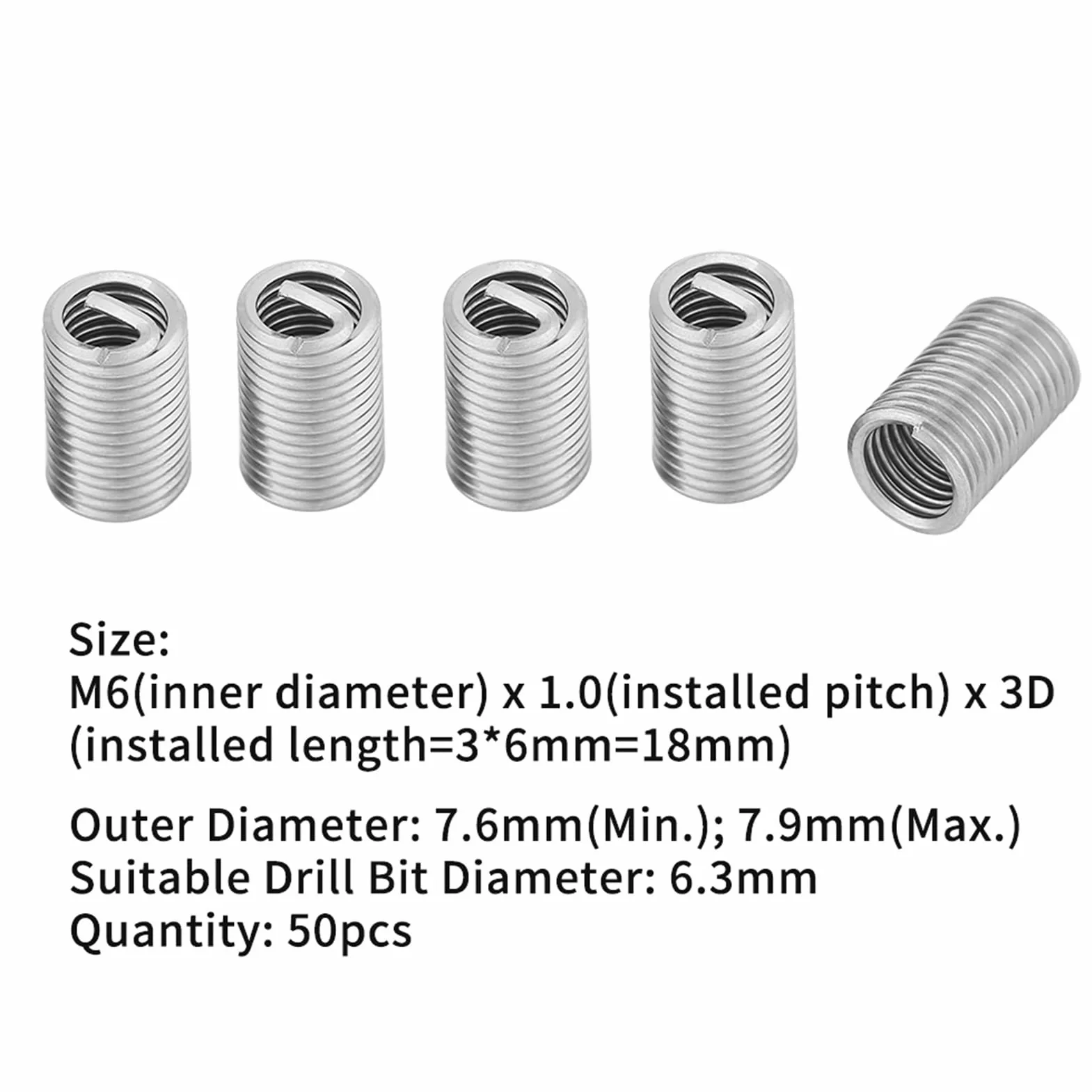 Kit de Inserto de Reparación de Tornillos SS304 M6x1.0x3D - 50 Piezas Helicoils de Acero Inoxidable