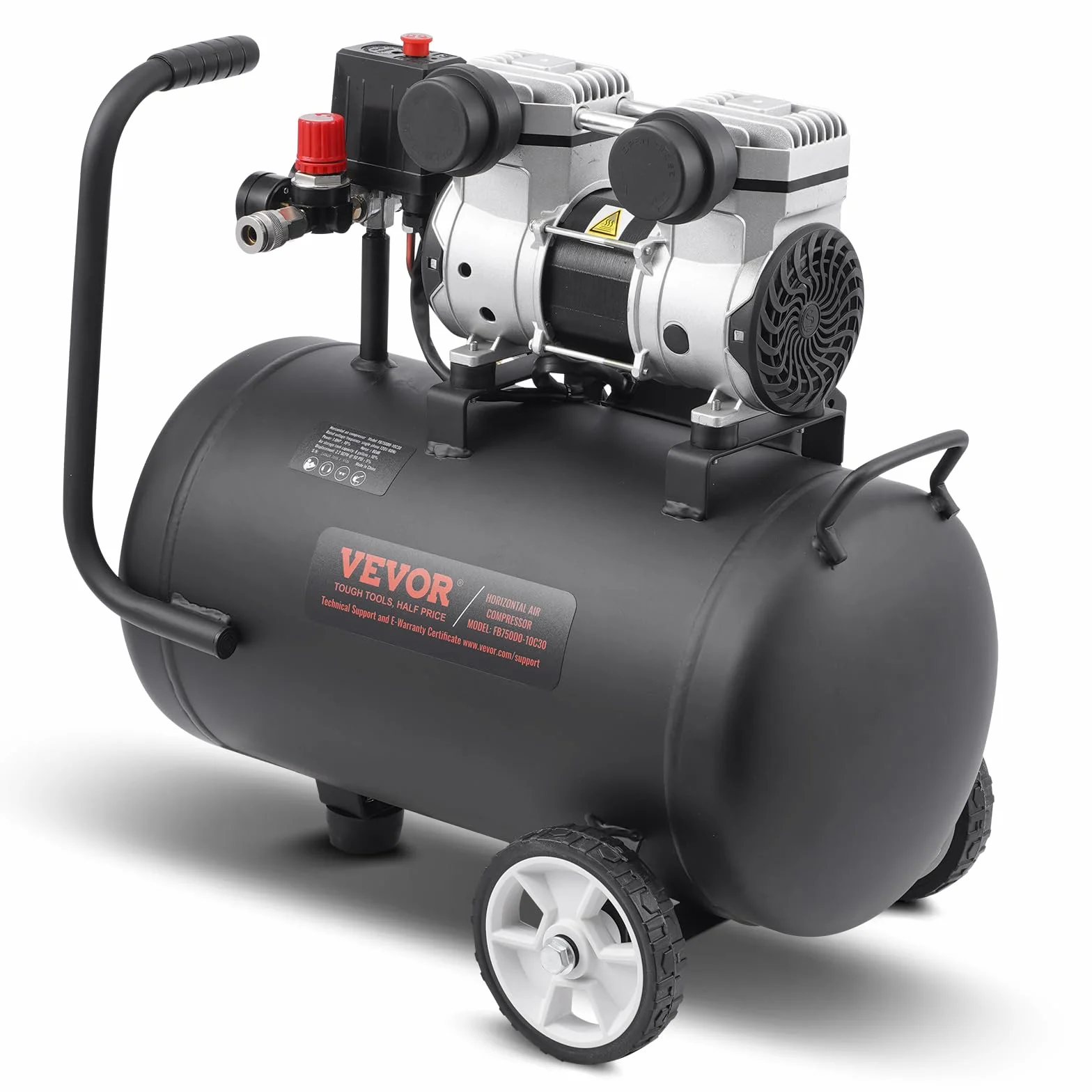 VEVOR Compresor de Aire sin Aceite 1 HP, Tanque de Acero 30 L, 2,2 CFM 90 PSI, 120 PSI, Portátil 80 dB