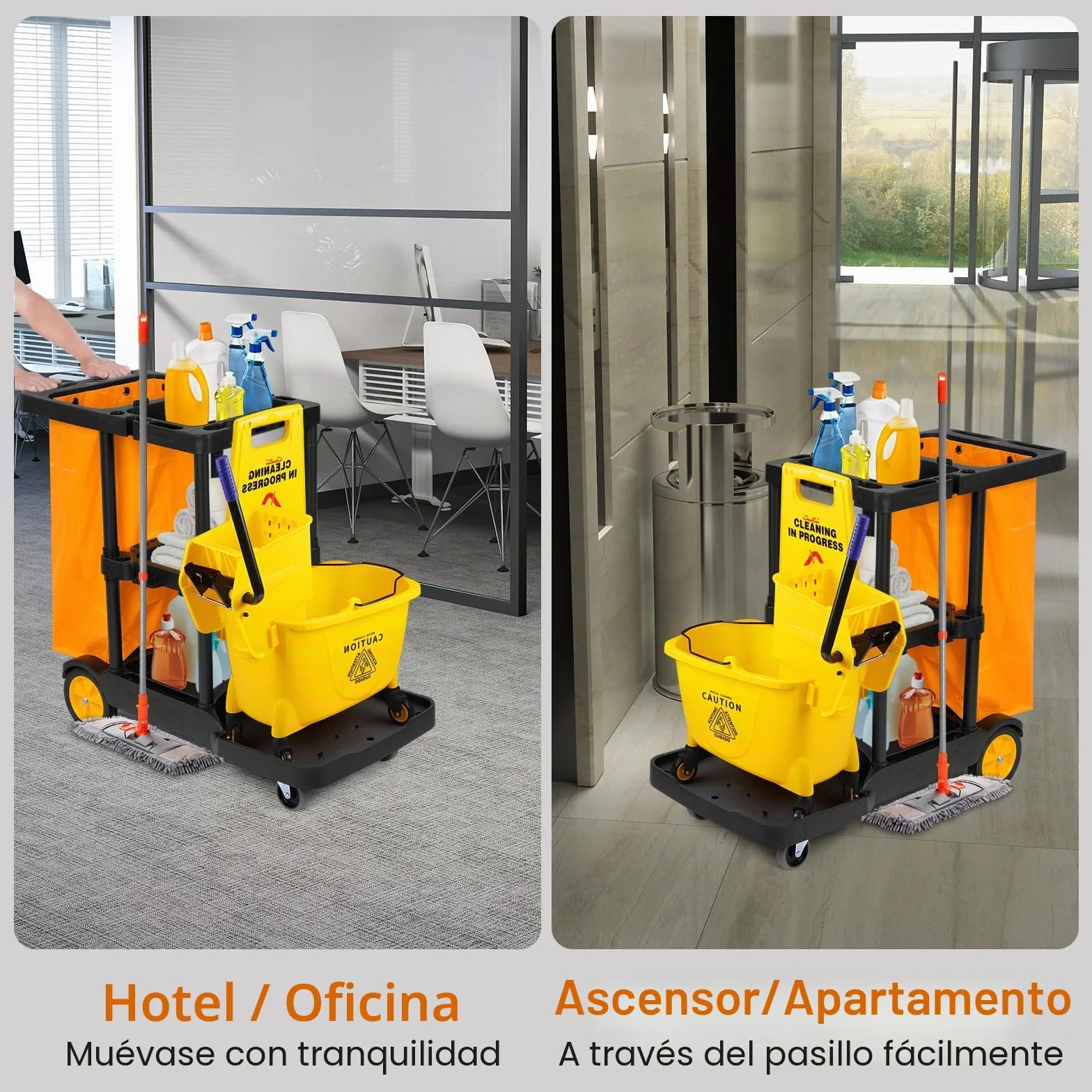 Bimiti Carro de limpieza profesional con bolsa extragrande, 113x56x93 cm, 3 niveles de gran capacidad, carrito de limpieza, bolsa de basura de 65 L, amarillo y negro