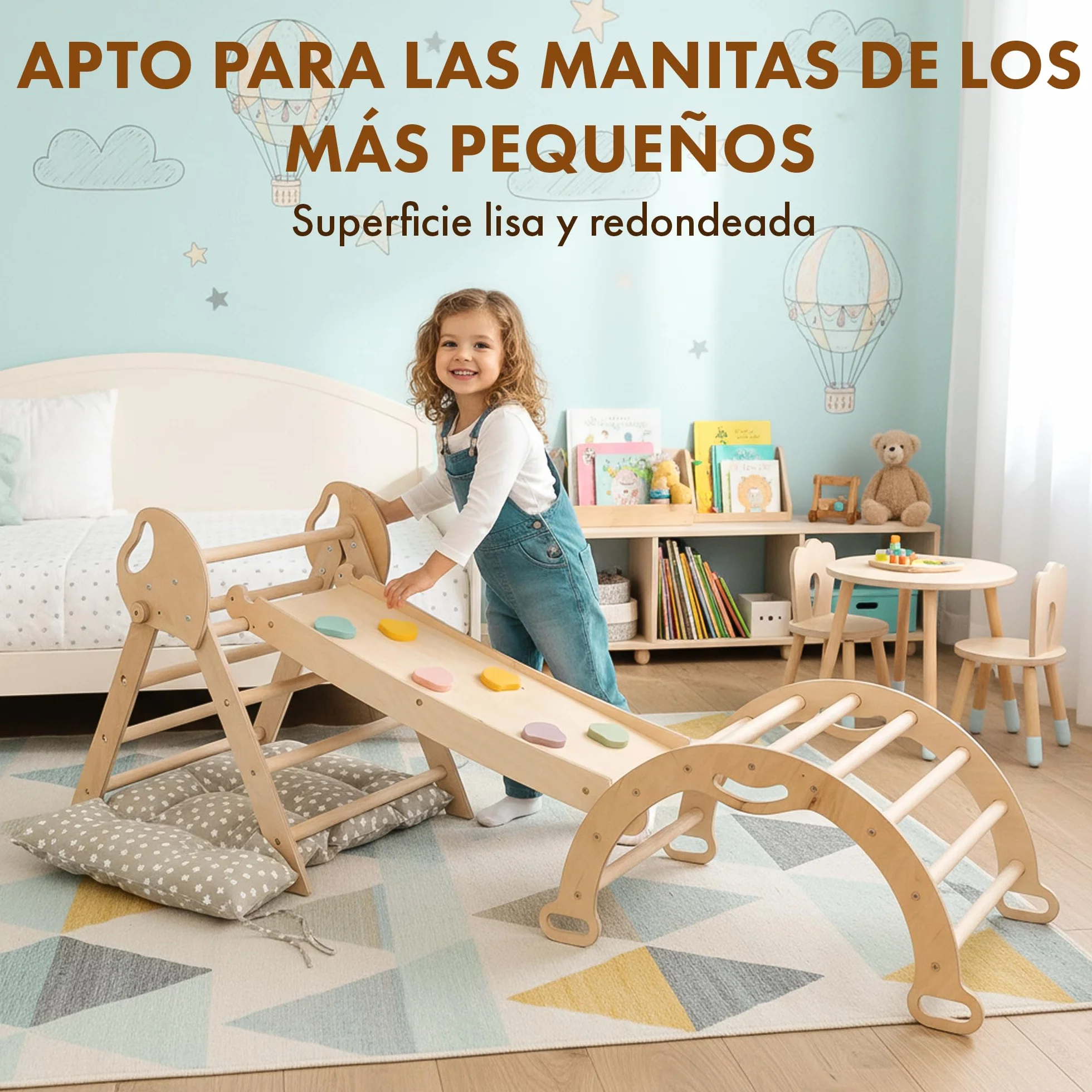 Estructura de Escalada 5 en 1 para Niños - Escalera Triángulo, Arco, Balance Board y Cojín, Montessori, Gimnasio de Madera 1-3 Años
