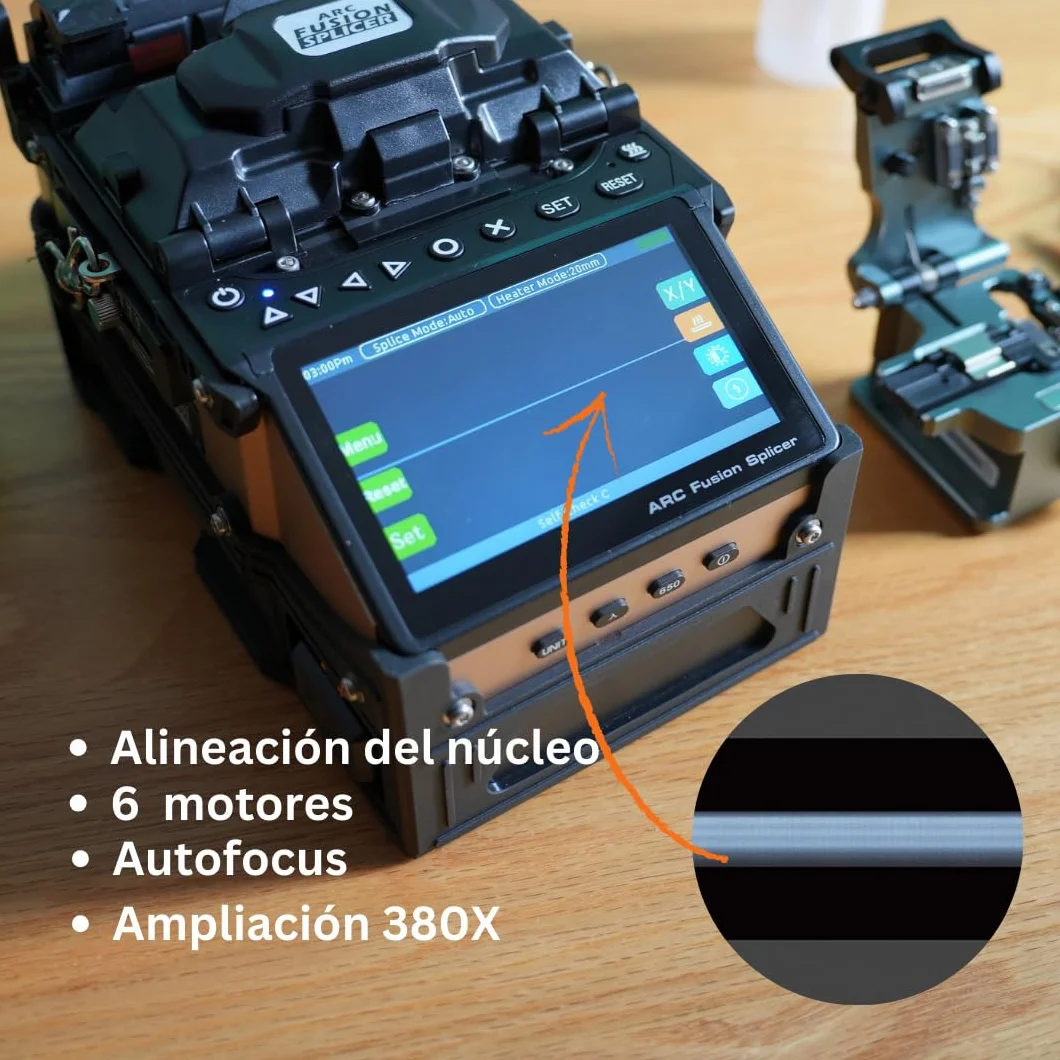 SD-9 Fusion Splicer Empalmadora de Fibra Optica con OPM y VFL Rápida 5s de Empalme y 11s de Calentamiento, fusionadora Core Alignment 6 Motores con Batería 7200mAh para Proyectos FTTx FTTH
