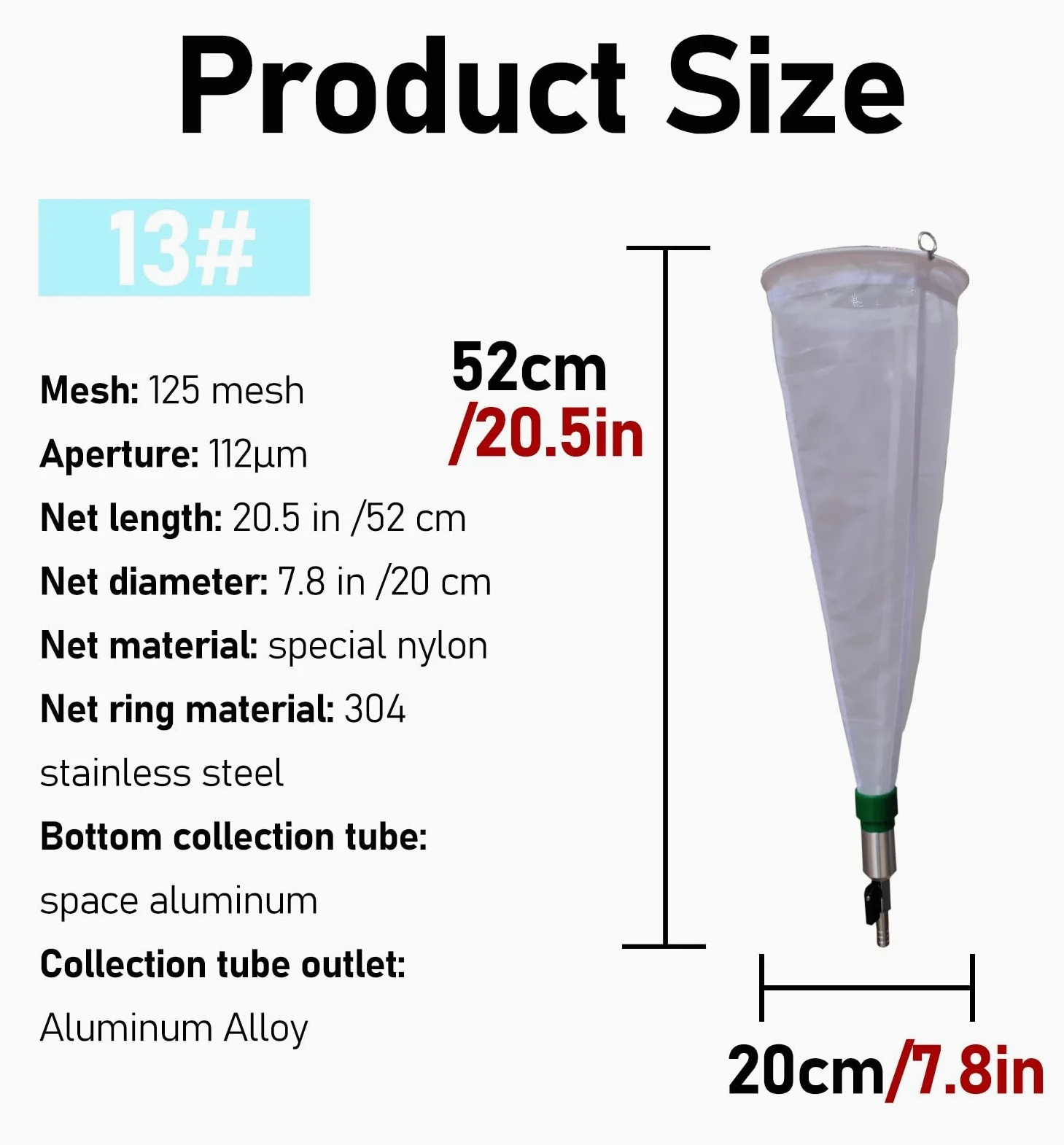 plankton network Red de recolección de plancton de 25 lb (50 cm de largo, 20 cm de diámetro, 112 micras), nailon experimental engrosado de malla 125 para recolectar fitoplancton, protozoos(125 Mesh)