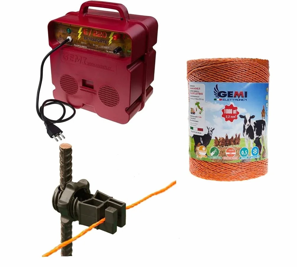 Kit de cercado eléctrico con 1 electrificador de 220 V + 1 cable de 1000 m 2,2 mm² + 200 aisladores para estacas de hierro – Valla eléctrica para cercas eléctricas para vaca zorros y gallinas