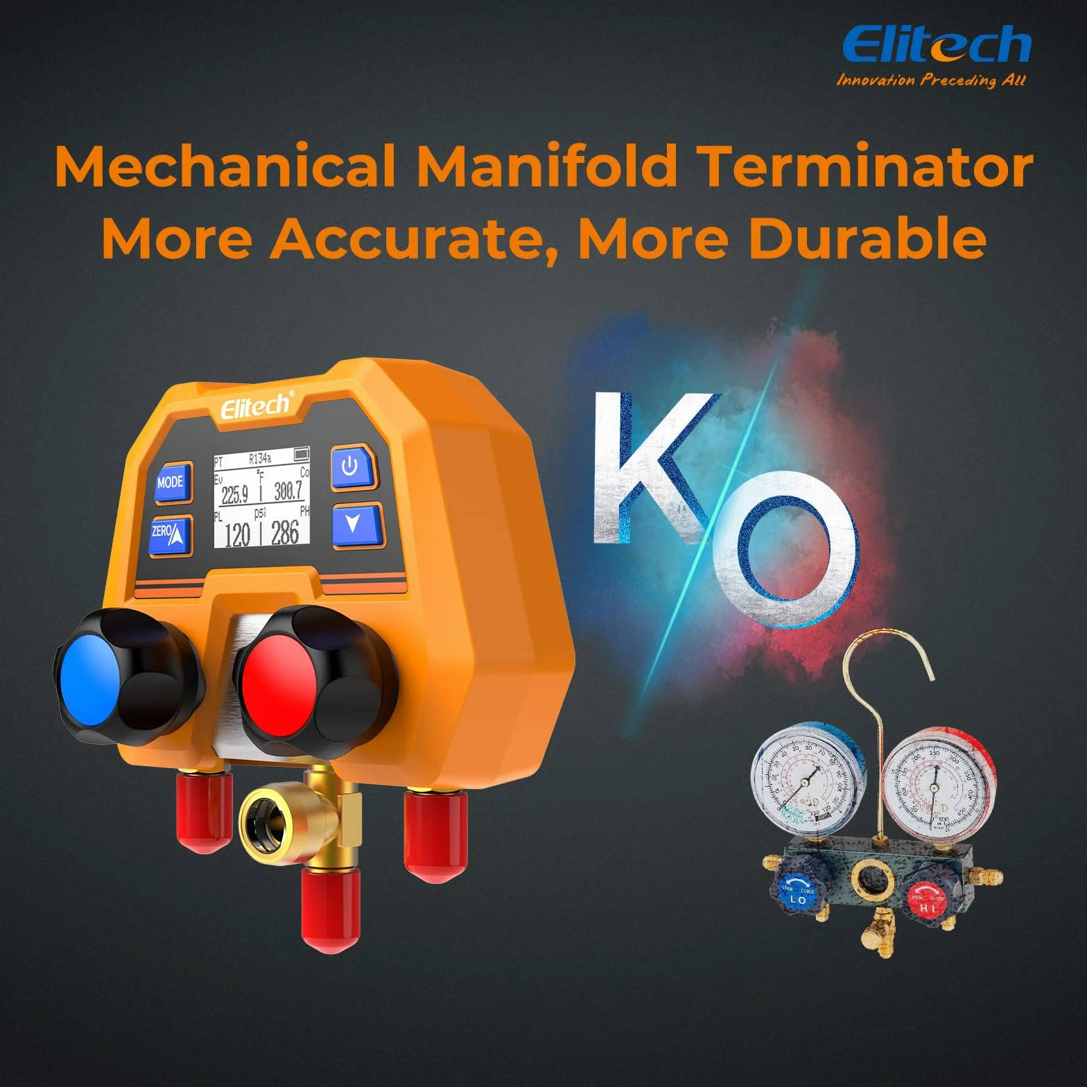 Elitech Manifold - Medidor de refrigerante 600 psi/41 bar ± 1% de precisión, 88 tipos de refrigerantes y medición de presión/temperatura, protección IP54 para sistemas de aire acondicionado
