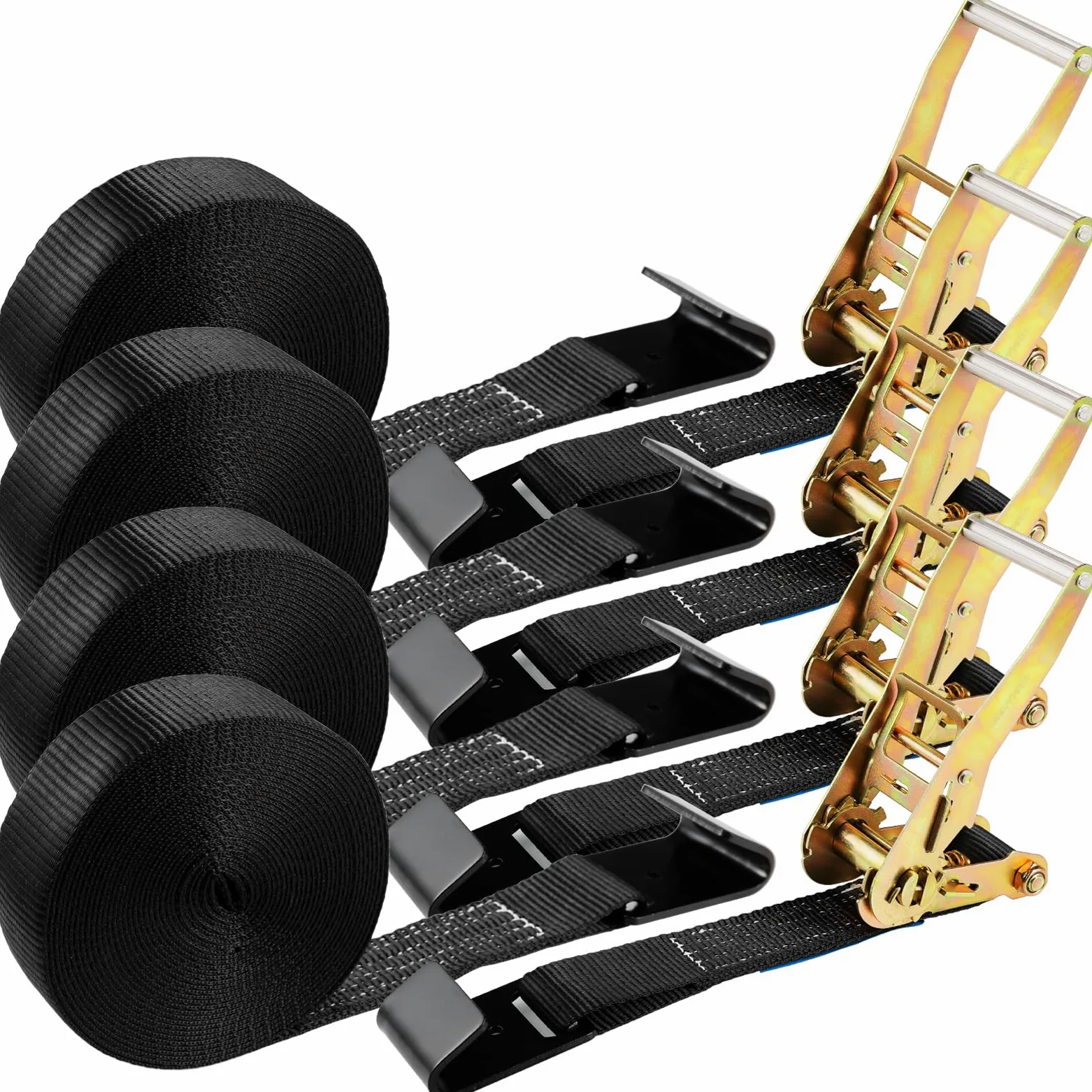 TLGREEN Paquete de 4 correas de trinquete de gancho plano de 2 pulgadas x 27 pies (resistencia a la rotura de 11 libras), correas de amarre resistentes para camiones (negro)