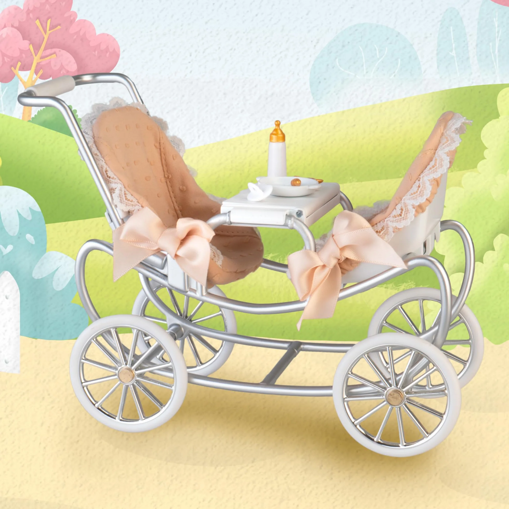 Famosa Barriguitas Carrito de Gemelos Set de Juguete con Carro de Paseo para Muñecas Bebés 4 Accesorios