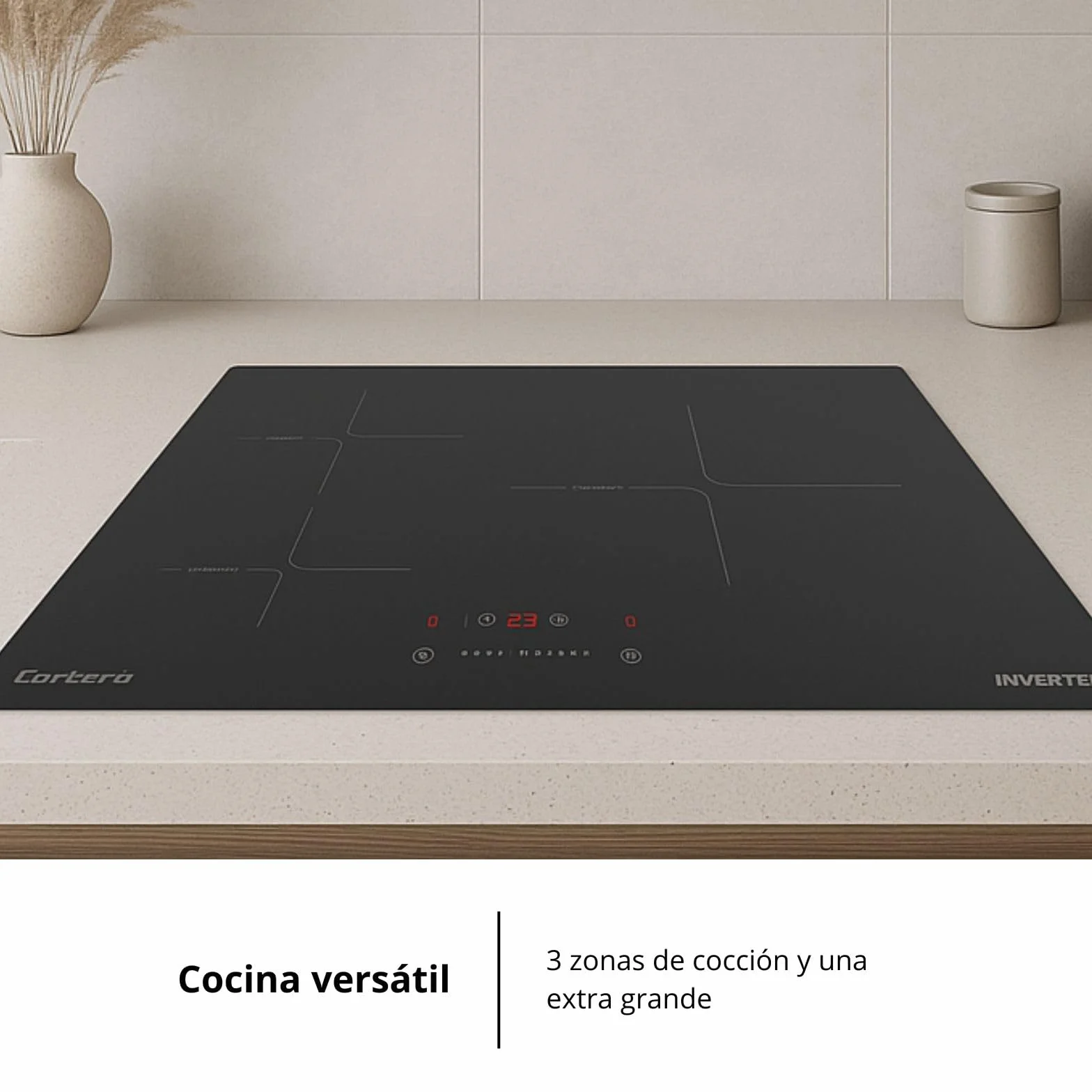 Corberó Placa de Inducción CCIM374 7400W 3 Zonas de Cocción Zona Extra Grande 29 cm Control Táctil Slider Booster Temporizador Bloqueo Seguridad
