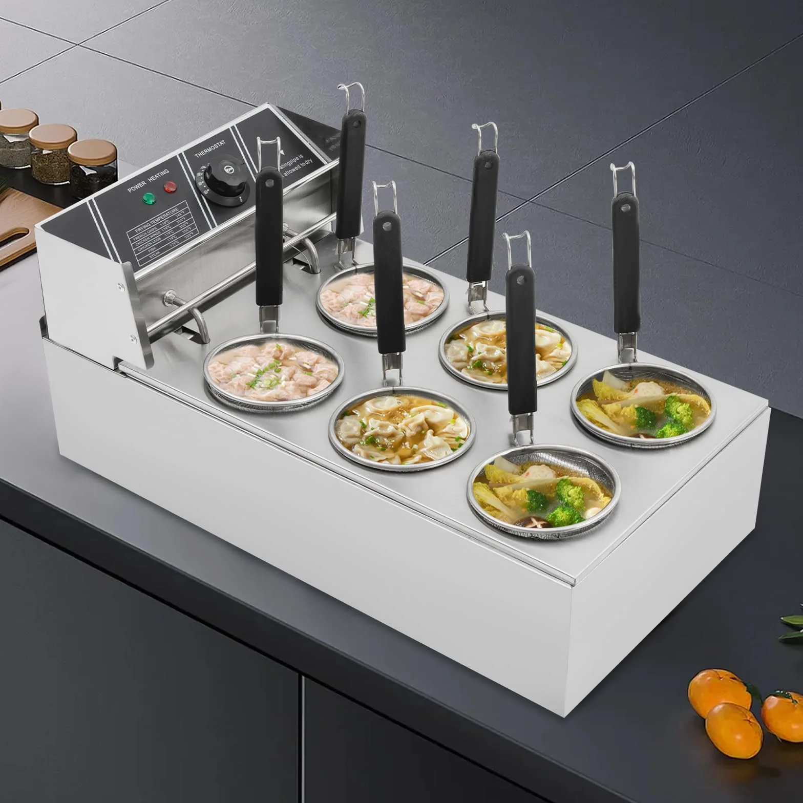 Máquina eléctrica de pasta de 20 L, 2000 W, cocina de pasta con 6 cestas, temperatura ajustable 60 – 200 °C, para restaurantes, puestos de comida y comedores