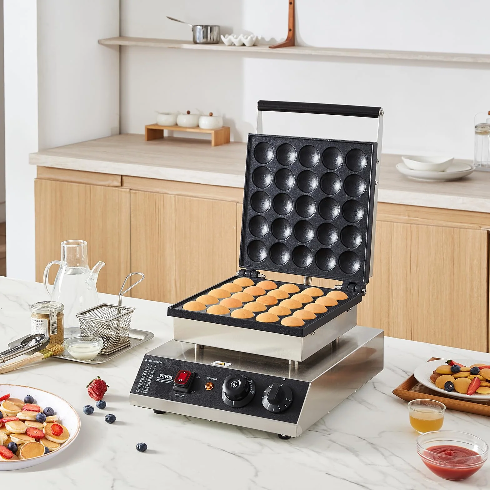 VEVOR Mini Máquina para Hacer Panqueques Holandesa, 43 mm diámetro,1700 W, Acero Inoxidable Antiadherente, Control de Temperatura y Tiempo, para Cocina Casera y Restaurante, 310 x 392 x 230 mm, 25P