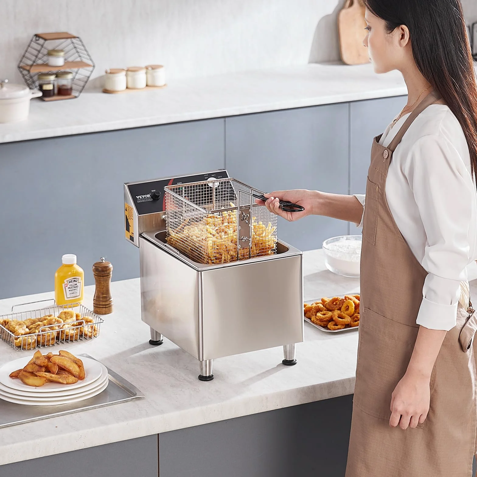 VEVOR Freidora Eléctrica Comercial de Encimera 3100 W con Cesta, Patas Regulables en Altura, Individual en Acero Inoxidable 11,5 L, Control de Temperatura, Uso en Restaurantes, 275 x 415 x 370 mm