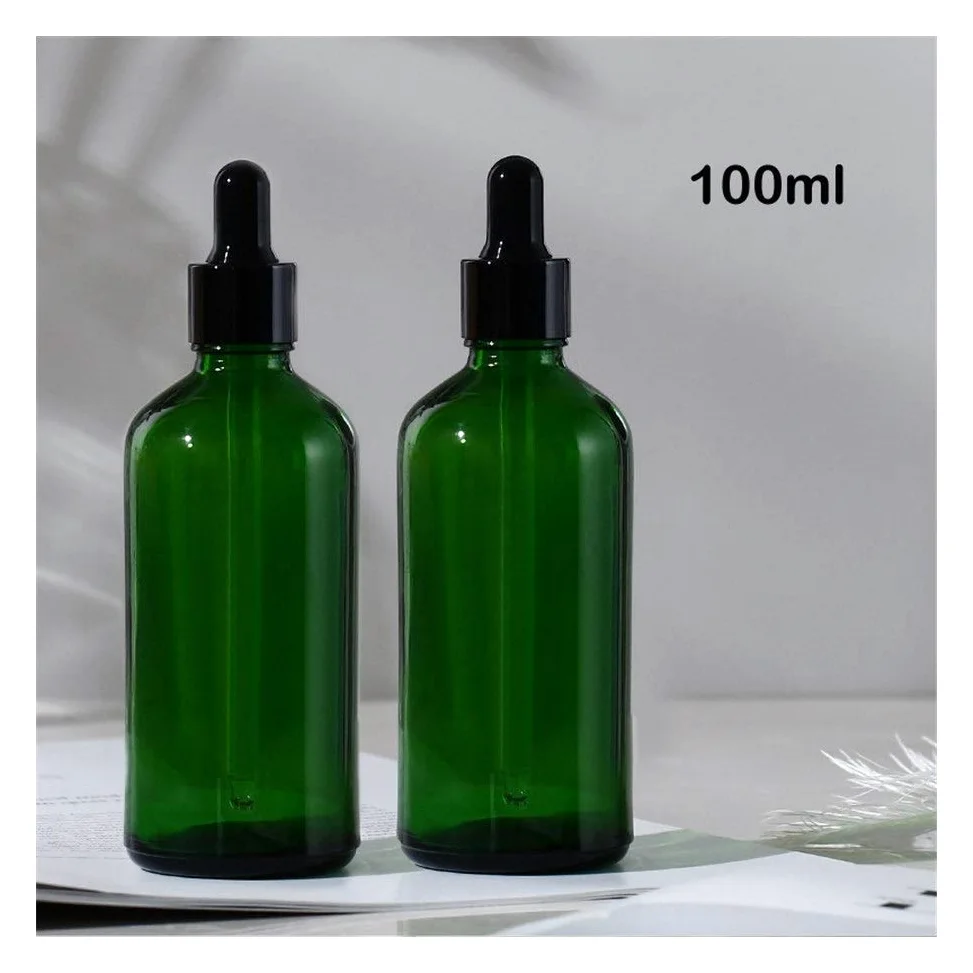 Casa de repuesto vacía MASCOTA Botellas 20pcs 5ml-100ml botellas vacías de vidrio ámbar cuentagotas esencial de aromaterapia verde gota del aceite de la botella de líquido reactivo Pipetear recargable