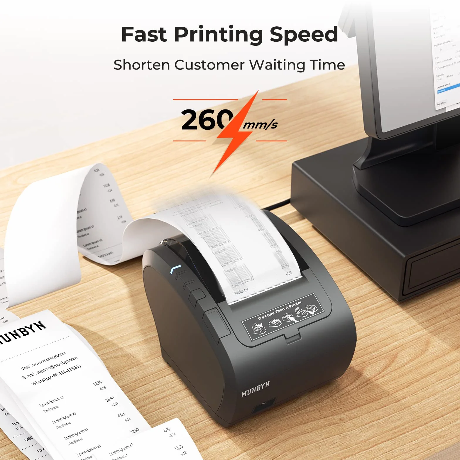 MUNBYN Impresora Tickets WiFi, Impresora Termica 80mm, con Puerto USB, Compatible con Mac, Windows, Chromebook, Linux y Cajón de Efectivo, ESC/POS, Alta Velocidad Auto-Cutter, No compatible con Square
