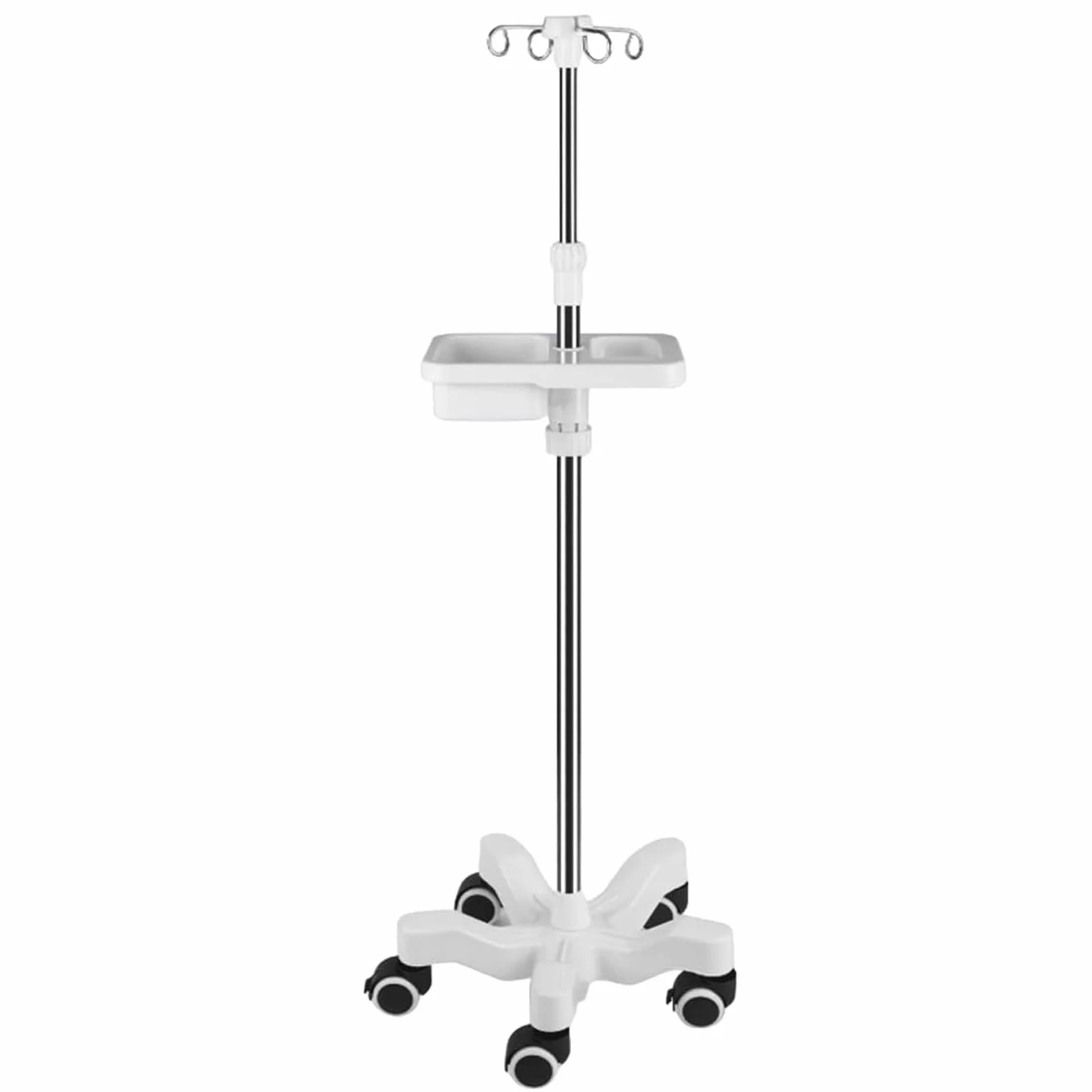 Poste de suero de Acero Inoxidable, Soporte for suero intravenoso con 4 Ganchos, Bandeja y reposabrazos, Poste de infusión, Altura Ajustable, Soporte de Suelo for suero con 5 Ruedas