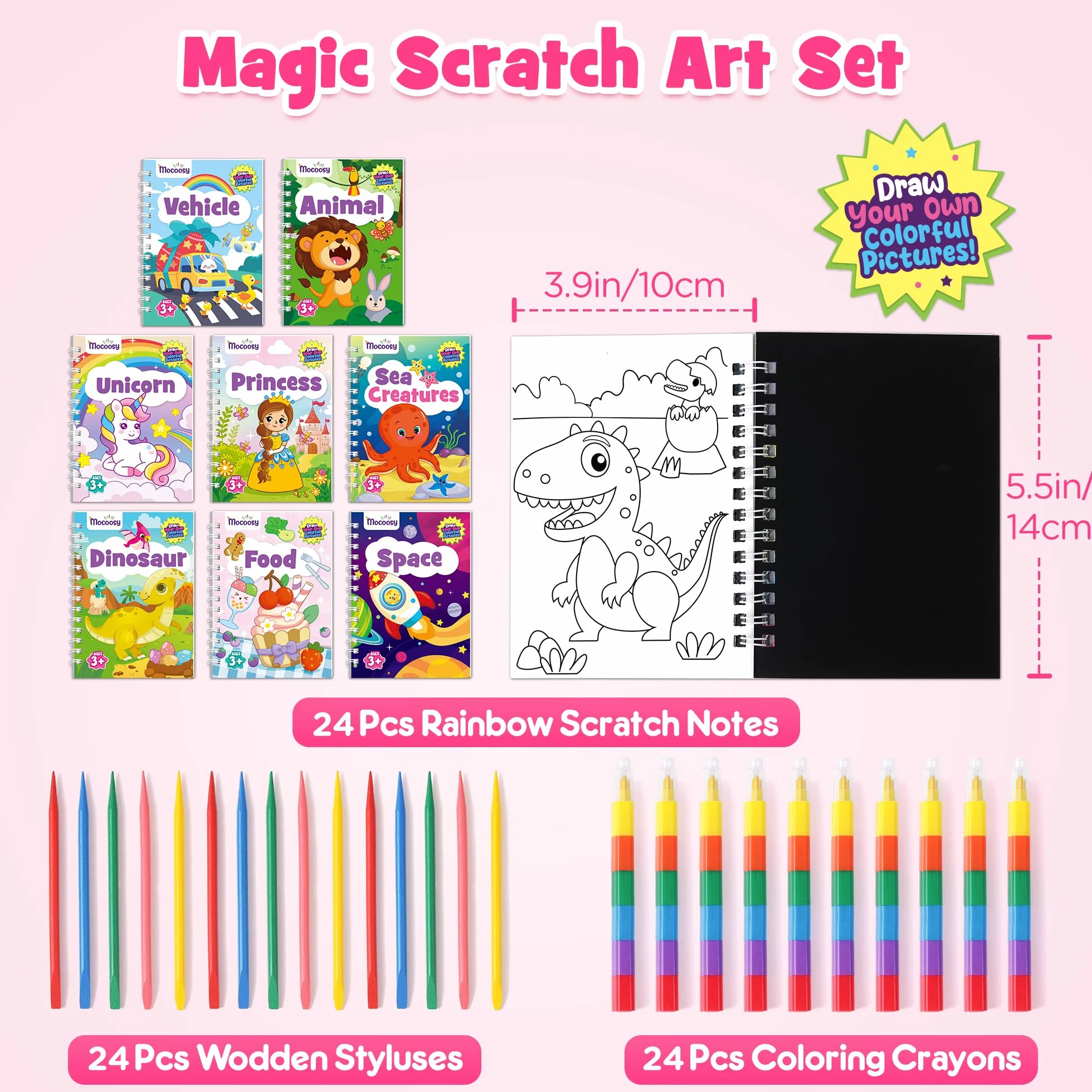 Mocoosy Juego de 24 cuadernos para colorear y Scratch Art para niños, kit de dibujo de papel arcoíris de doble cara