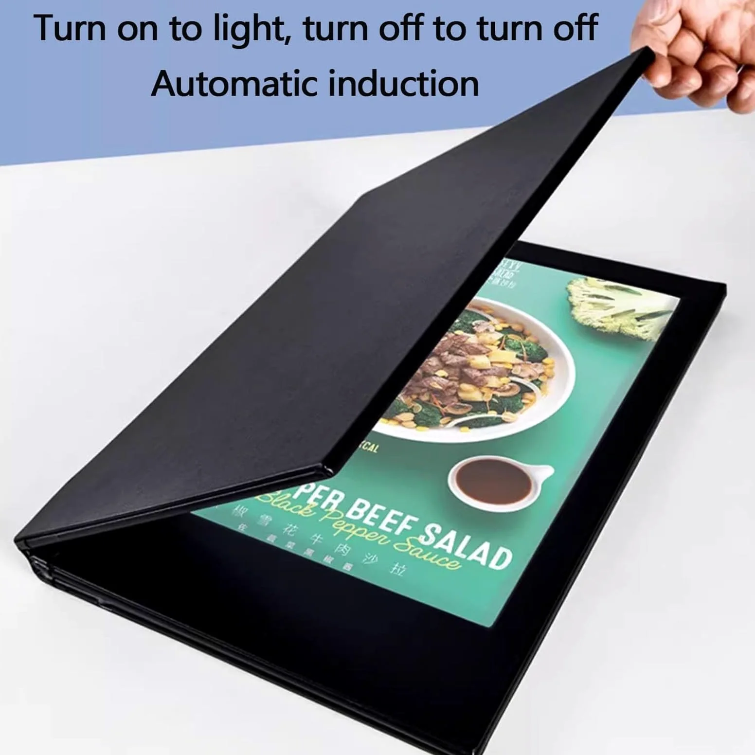 Cubierta de menú iluminada LED, soporte de menú retroiluminado recargable, carpeta de menú de doble página con ribete de cuero para restaurante, bar, cafetería y hotel