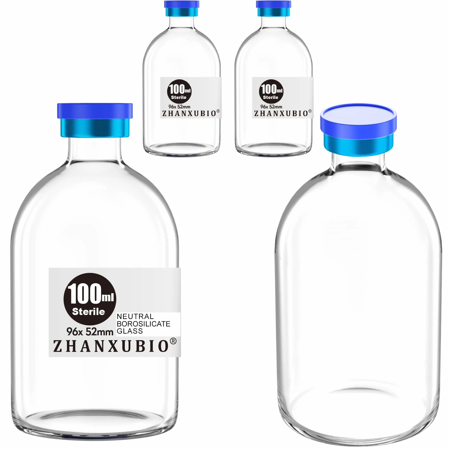 Viales estériles vacíos 100 ml con puerto de inyección autorreparable y tapa de aluminio, 4 piezas