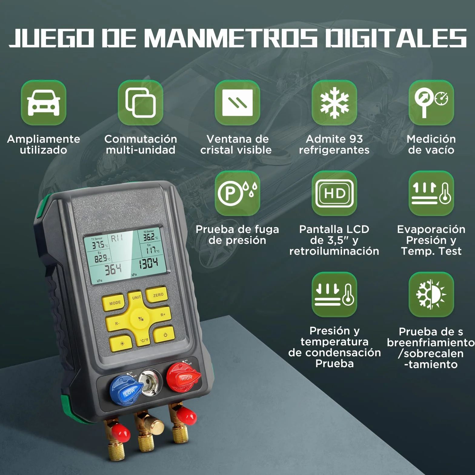 KAISAL Digital Manómetro de Aire Acondicionado Maquina Carga Aire Acondicionado para 93 Refrigerantes R410a R32 R22 R1234YF HAVC Recargardor Manómetro